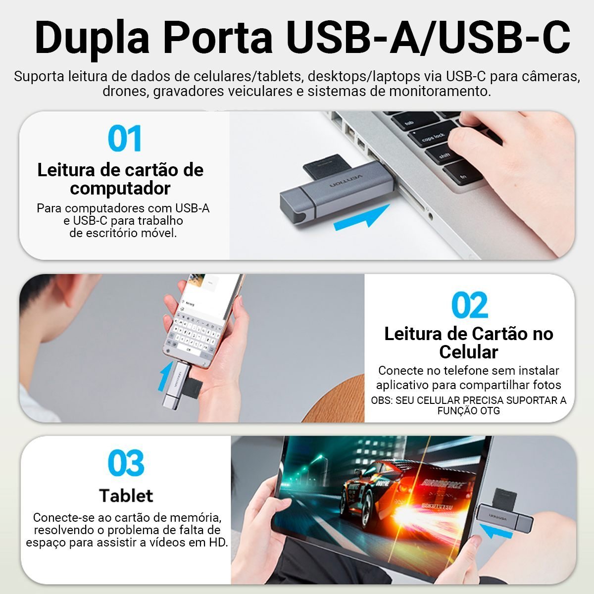 Leitor de Cartão USB para SD + TF Simultâneo 5 Gbps - Vention - Imagem 4