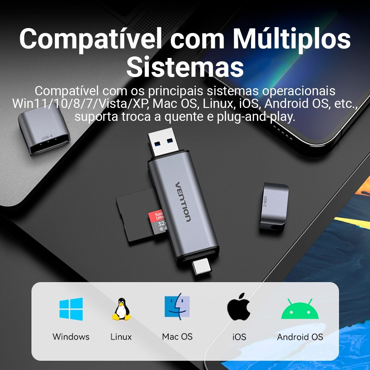 Leitor de Cartão USB para SD + TF Simultâneo 5 Gbps - Vention - Imagem 7