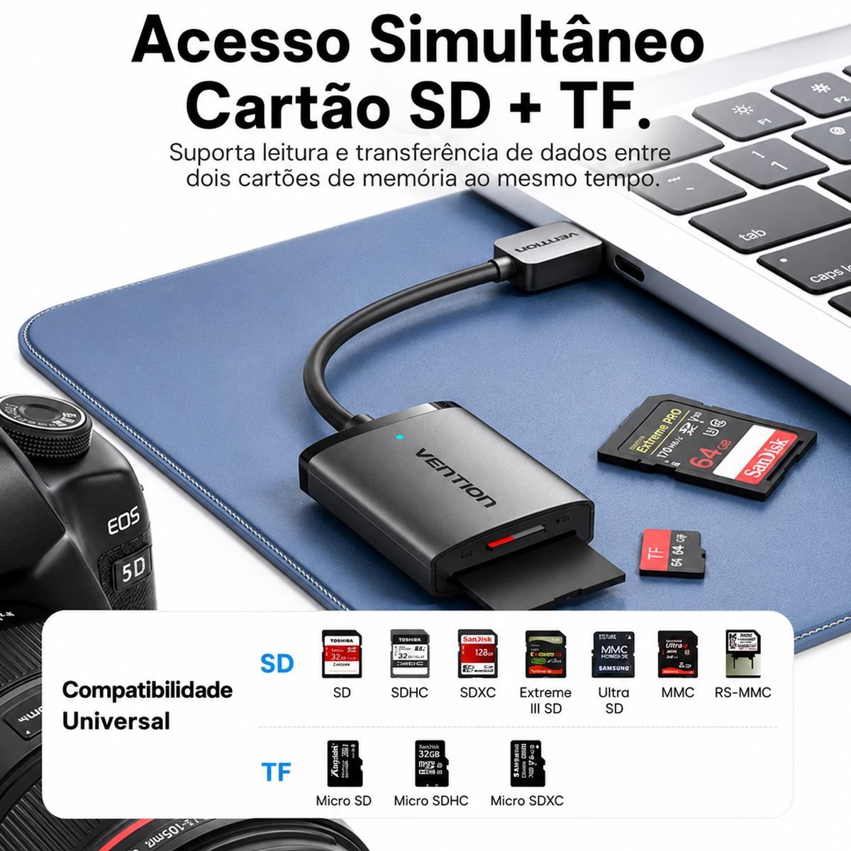 Leitor USB-A Multi-Cartão Transferência Fotos Vídeos - Vention - Imagem 2