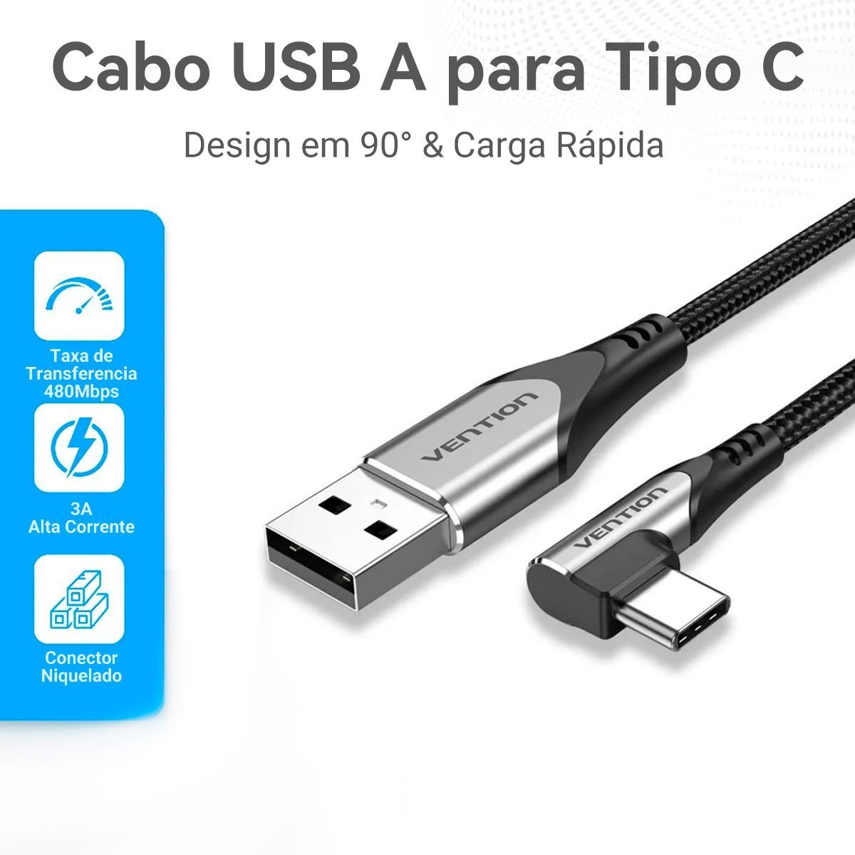 Cabo USB LED Carregador USB-A para Tipo-C 90º - Vention - Imagem 3