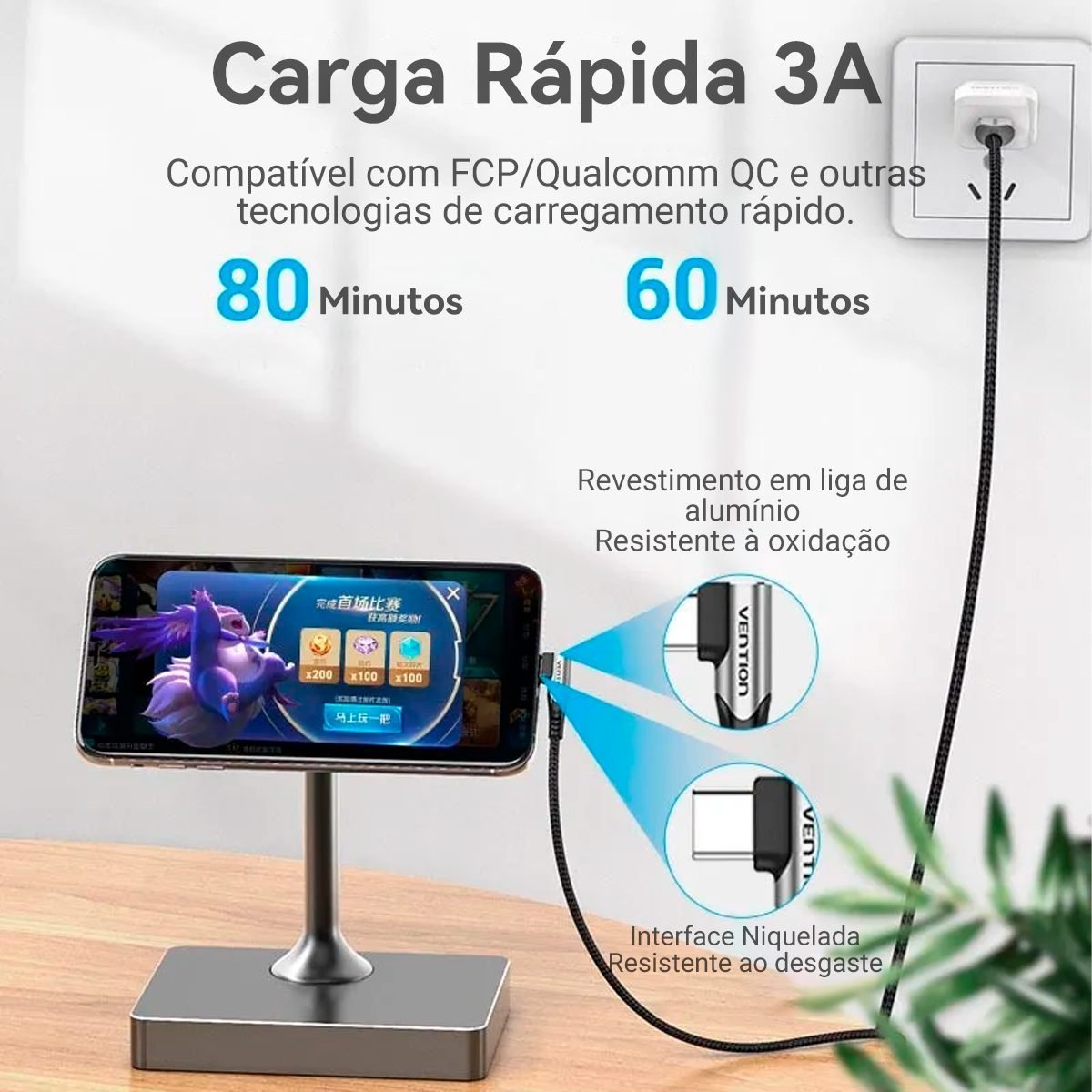 Cabo USB LED Carregador USB-A para Tipo-C 90º - Vention - Imagem 4