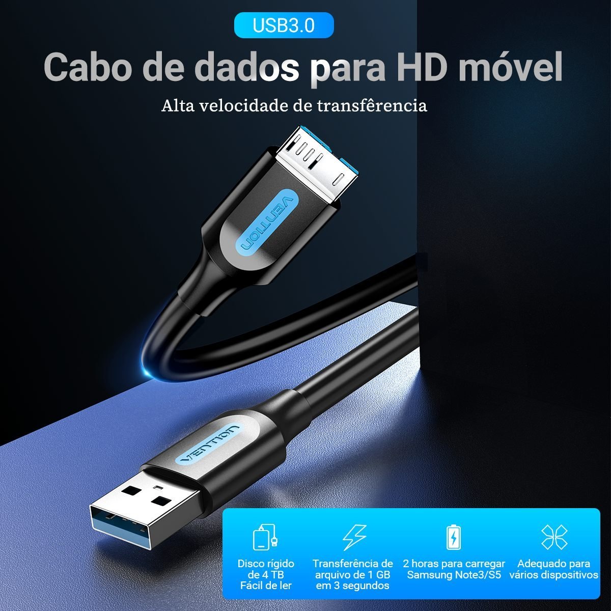 Cabo USB 3.0 HD Externo para Samsung Seagate Toshiba - Vention - Imagem 2