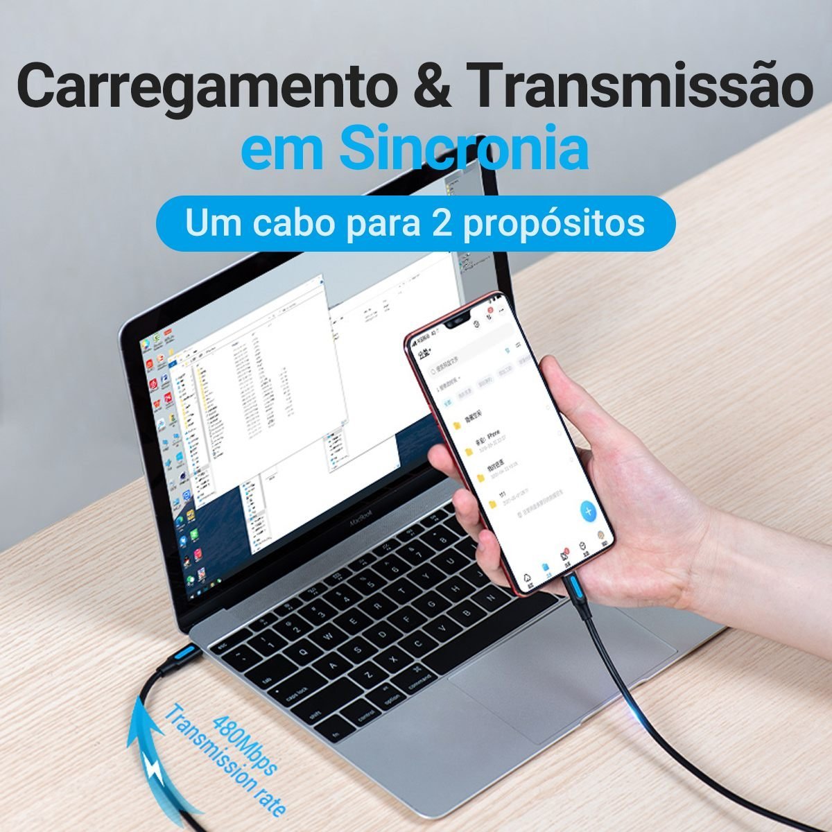 Cabo USB Tipo C para Micro-USB V8 Turbo 2.0A - Vention - Imagem 3