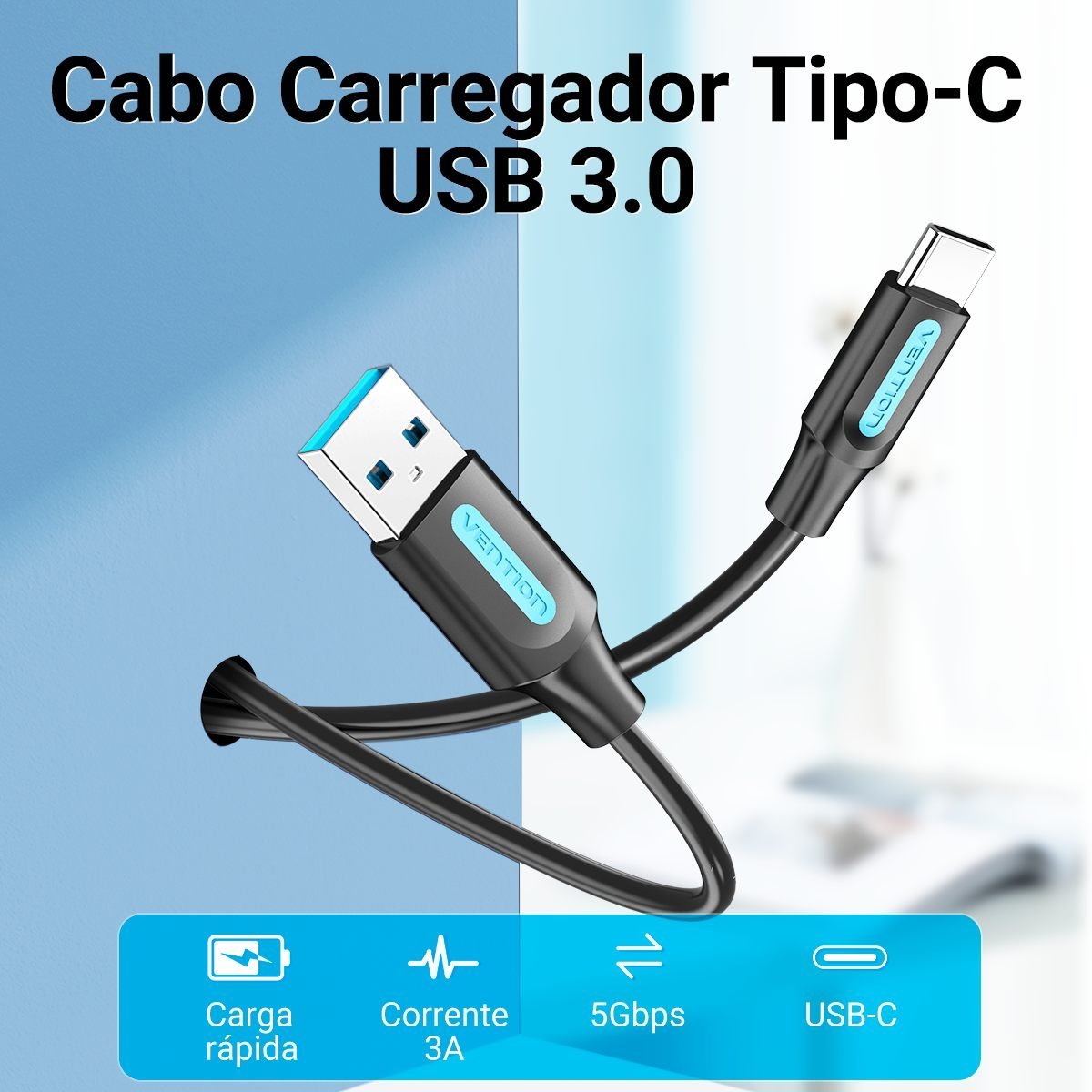 Cabo Carregador Tipo C x USB 3.0 Celular HD 3A - Vention - Imagem 2