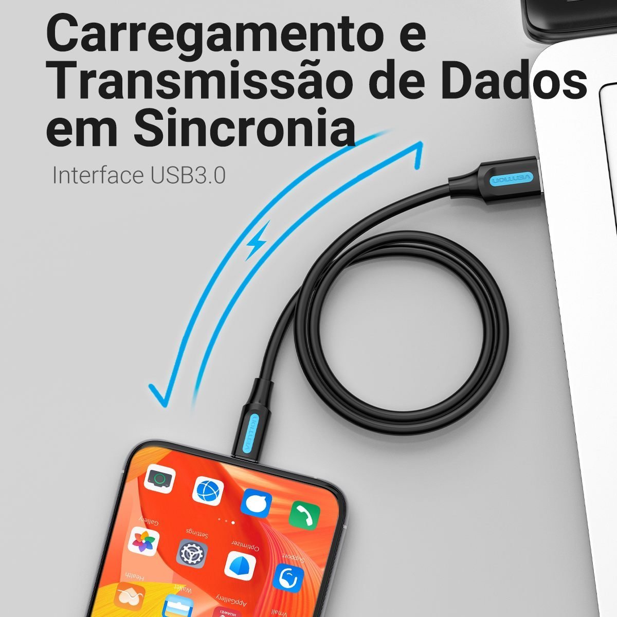 Cabo Carregador Tipo C x USB 3.0 Celular HD 3A - Vention - Imagem 3