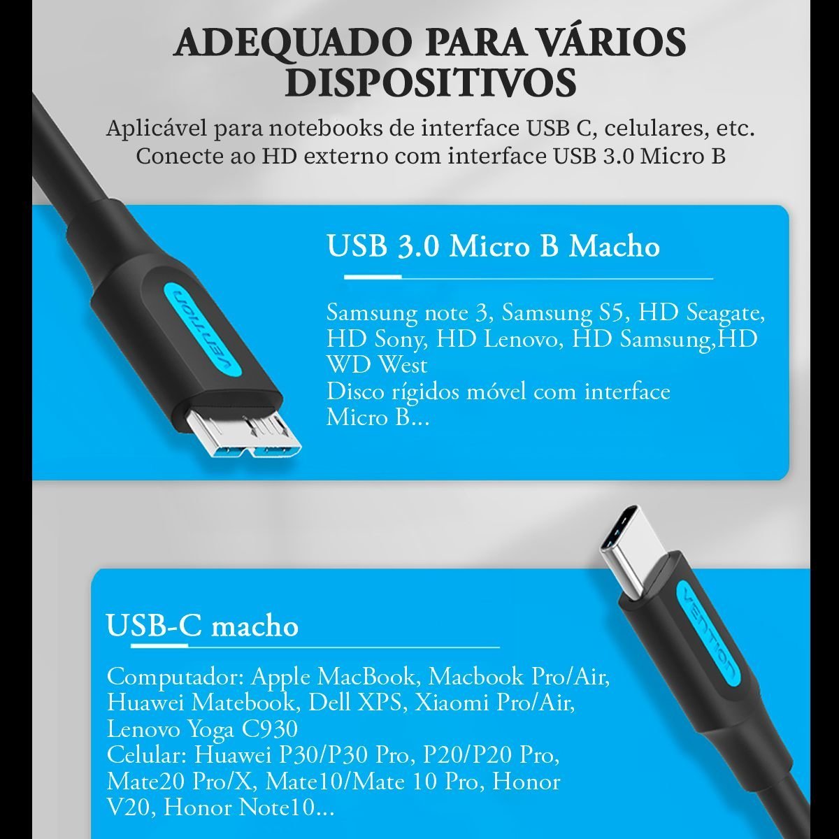 Cabo HD Externo USB-C Tipo C 3.1 para Micro B 5 Gbps - Vention - Imagem 7