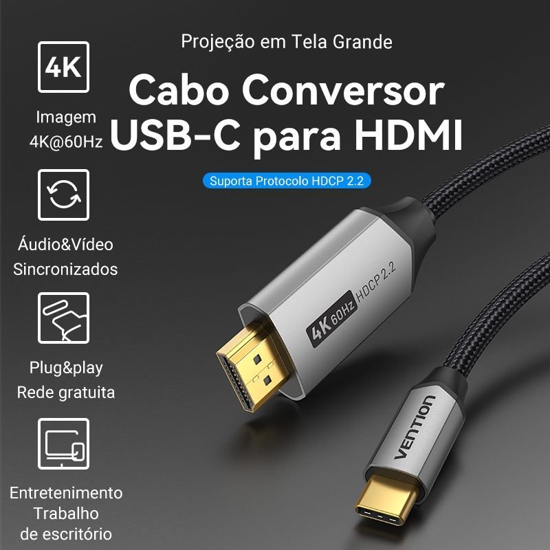Cabo Adaptador Vídeo Tipo C para HDMI 4K Mac Book - Vention - Imagem 2
