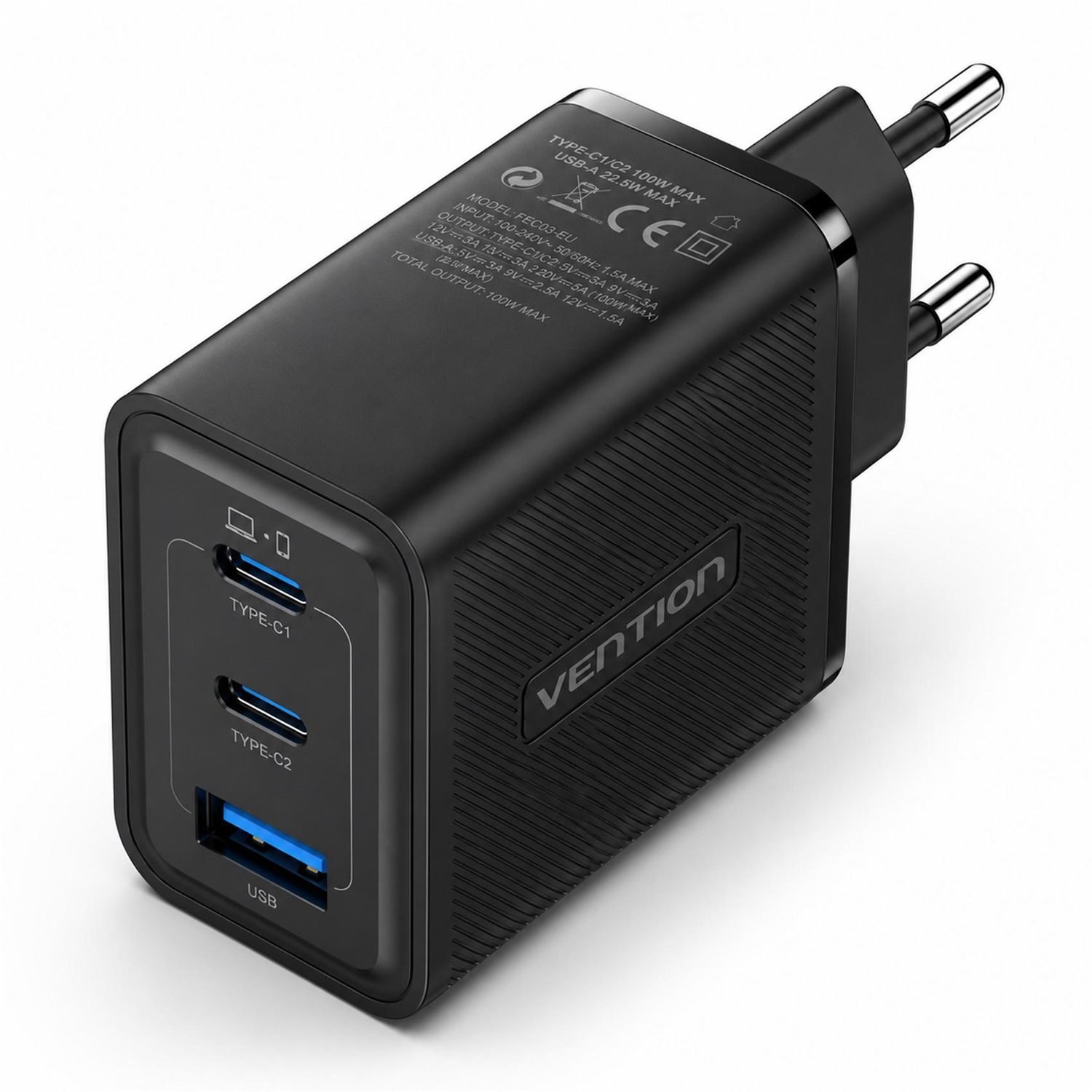 Carregador Turbo 65W GaN 3 Portas 2x USB-C + USB-A - Vention