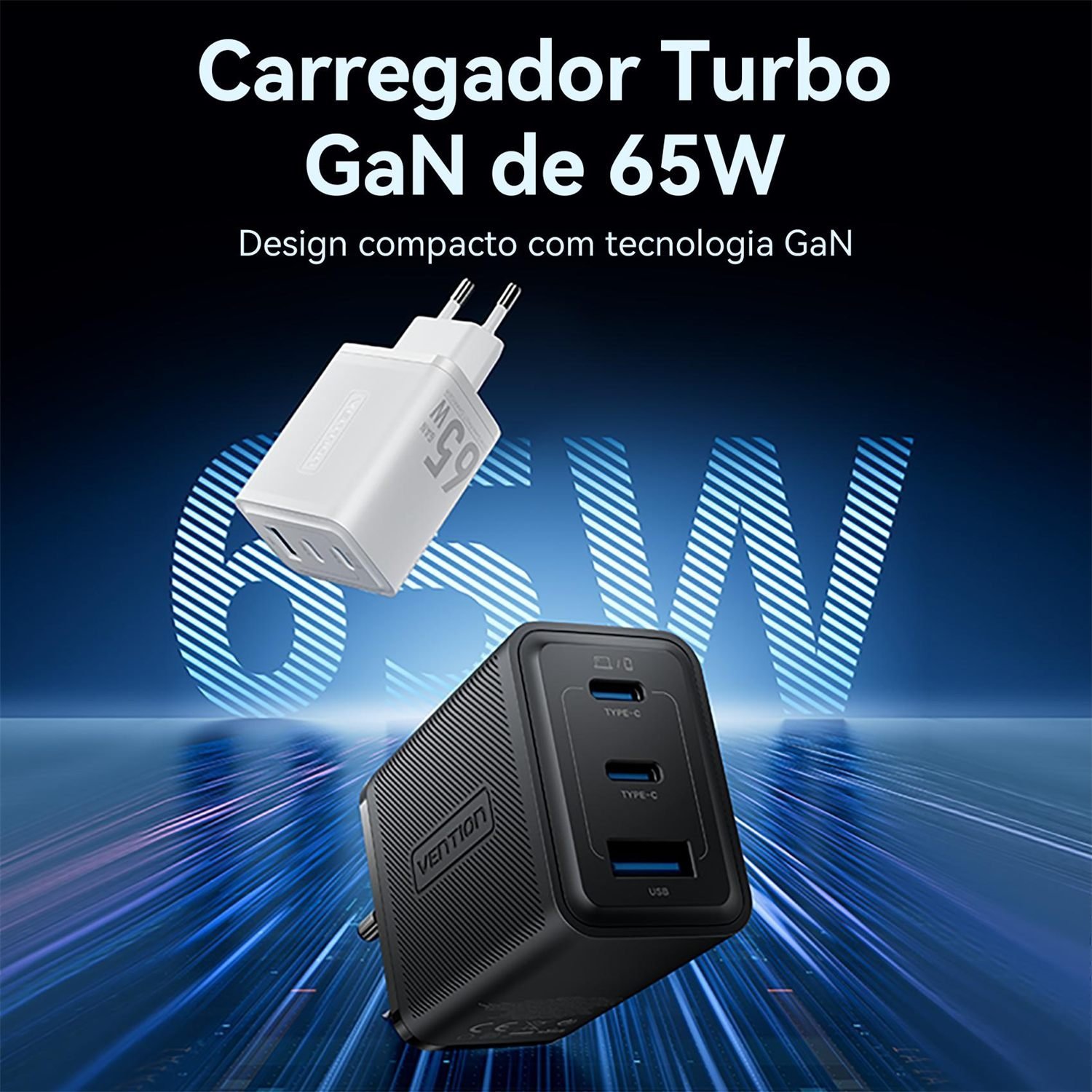 Carregador Turbo 65W GaN 3 Portas 2x USB-C + USB-A - Vention - Imagem 2