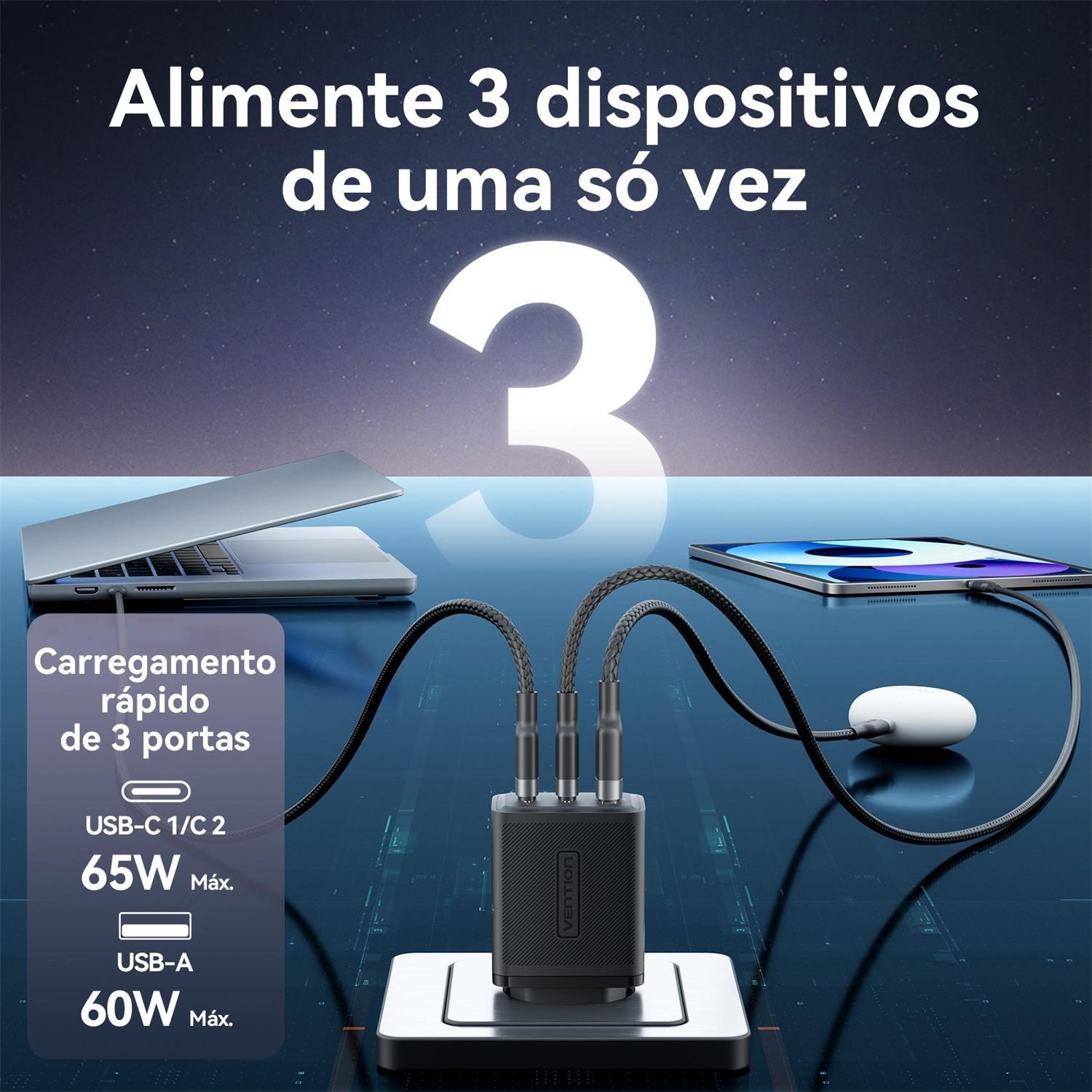 Carregador Turbo 65W GaN 3 Portas 2x USB-C + USB-A - Vention - Imagem 4