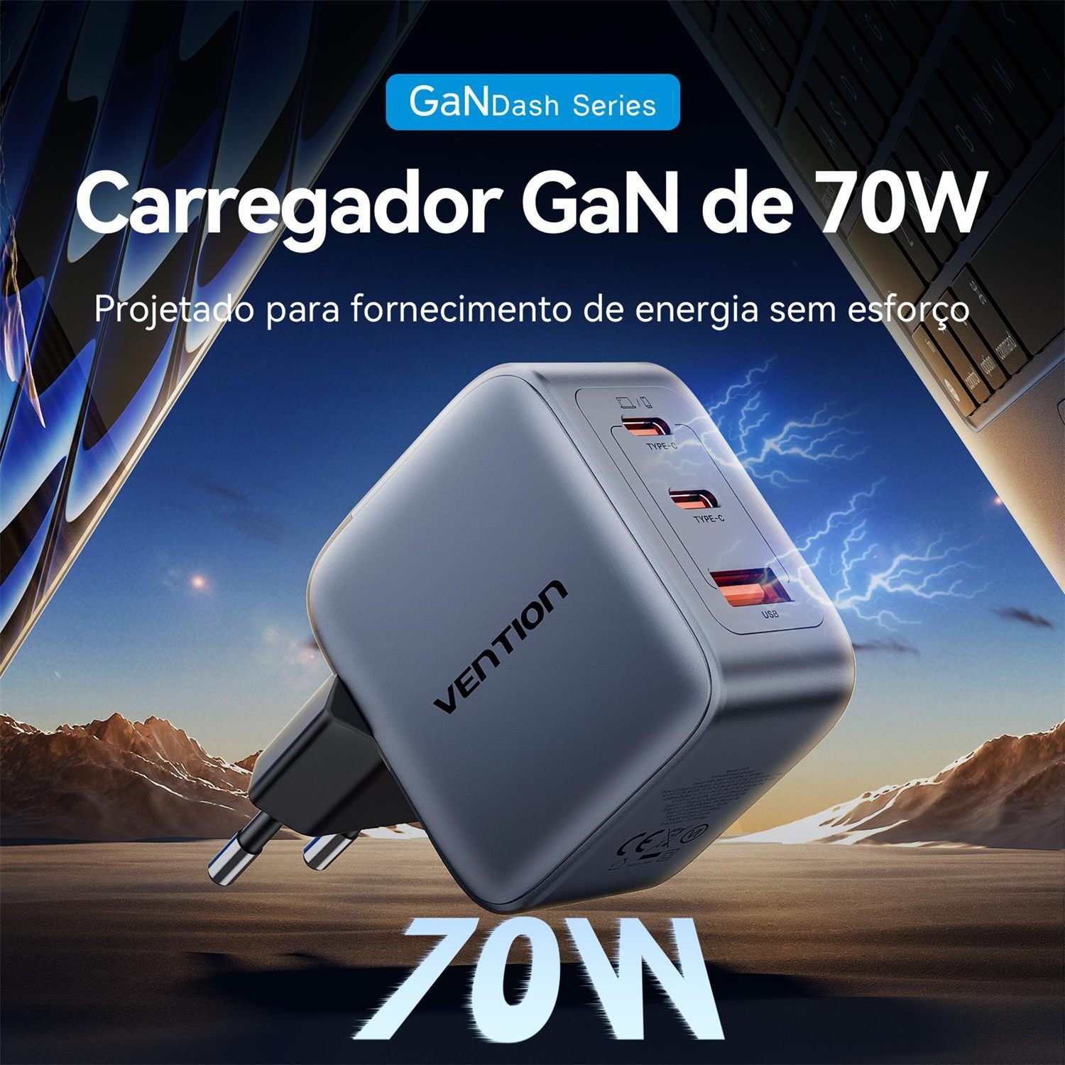 Carregador Turbo 70W GaN 3 Portas 2x USB-C + USB-A - Vention - Imagem 2