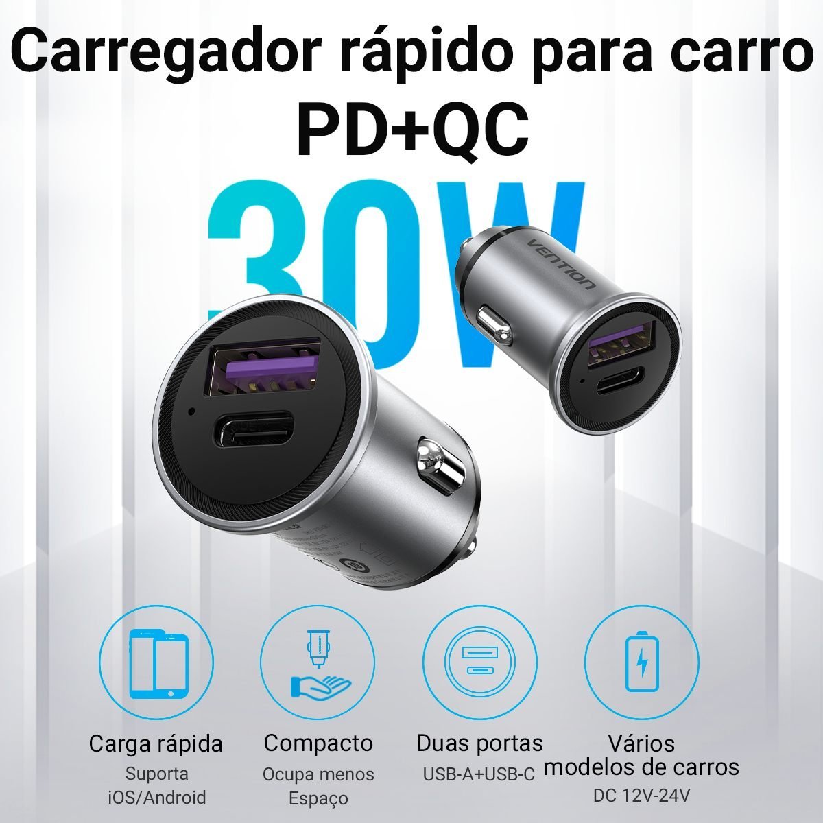 Carregador Celular Acendedor Cigarro Usb+tipo C 30W - Vention - Imagem 2