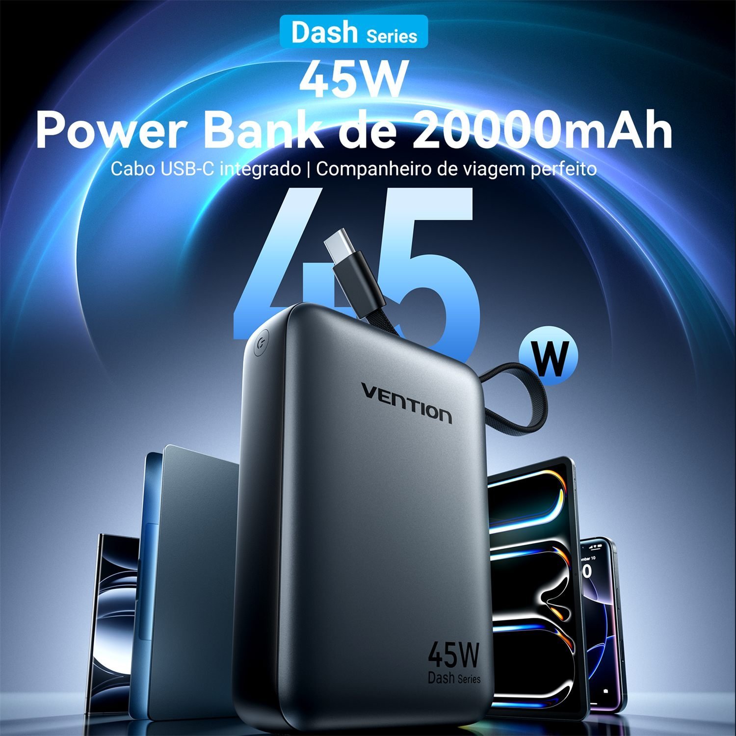 Power Bank 20000mAh 45W USB-C + USB-A Cabo Integrado PD - Vention - Imagem 2