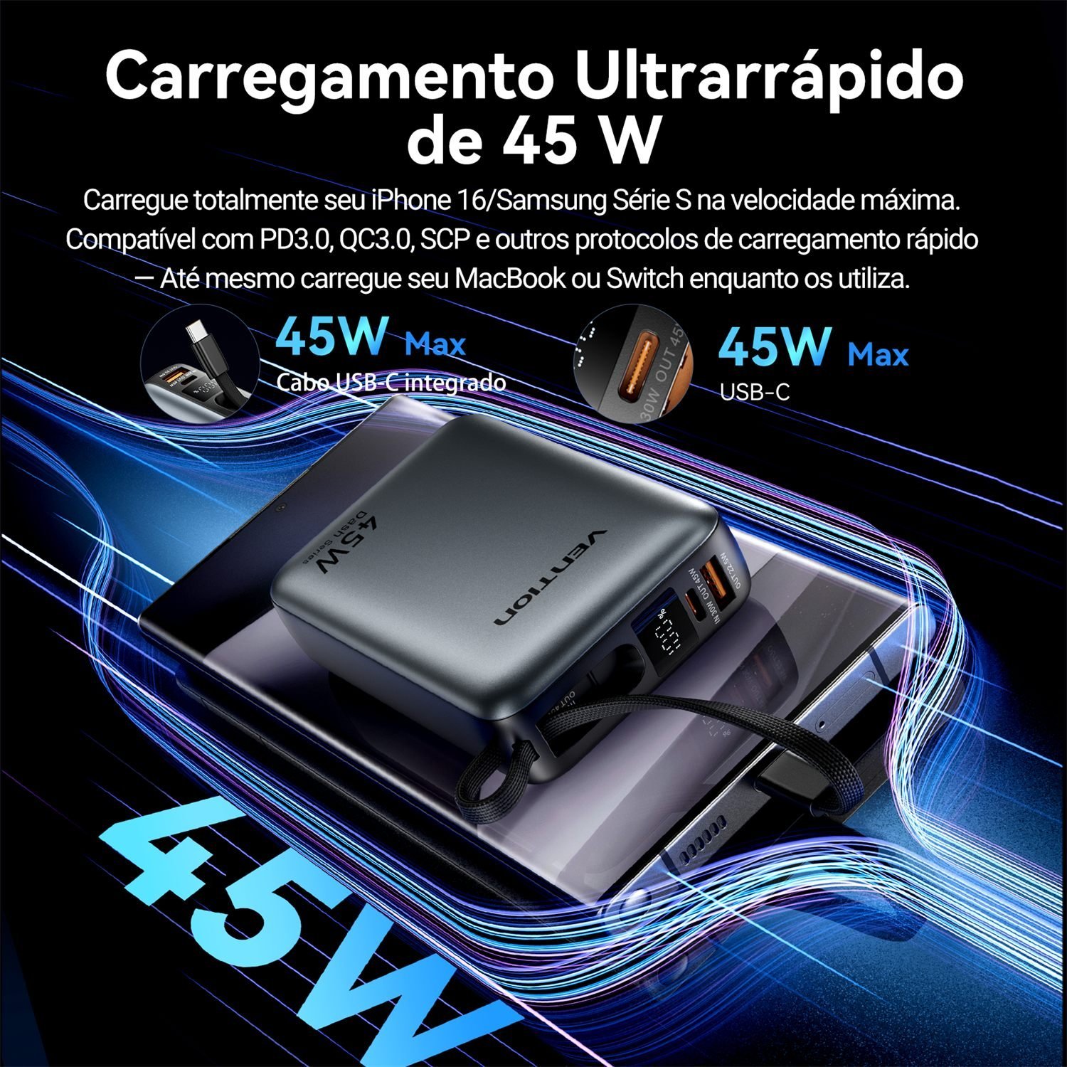 Power Bank 20000mAh 45W USB-C + USB-A Cabo Integrado PD - Vention - Imagem 3