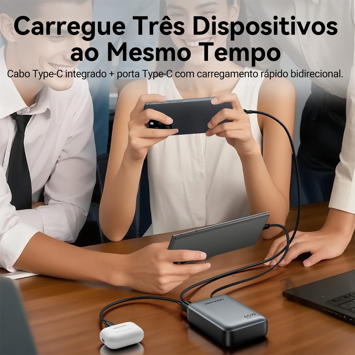 Power Bank 20000mAh 45W USB-C + USB-A Cabo Integrado PD - Vention - Imagem 7