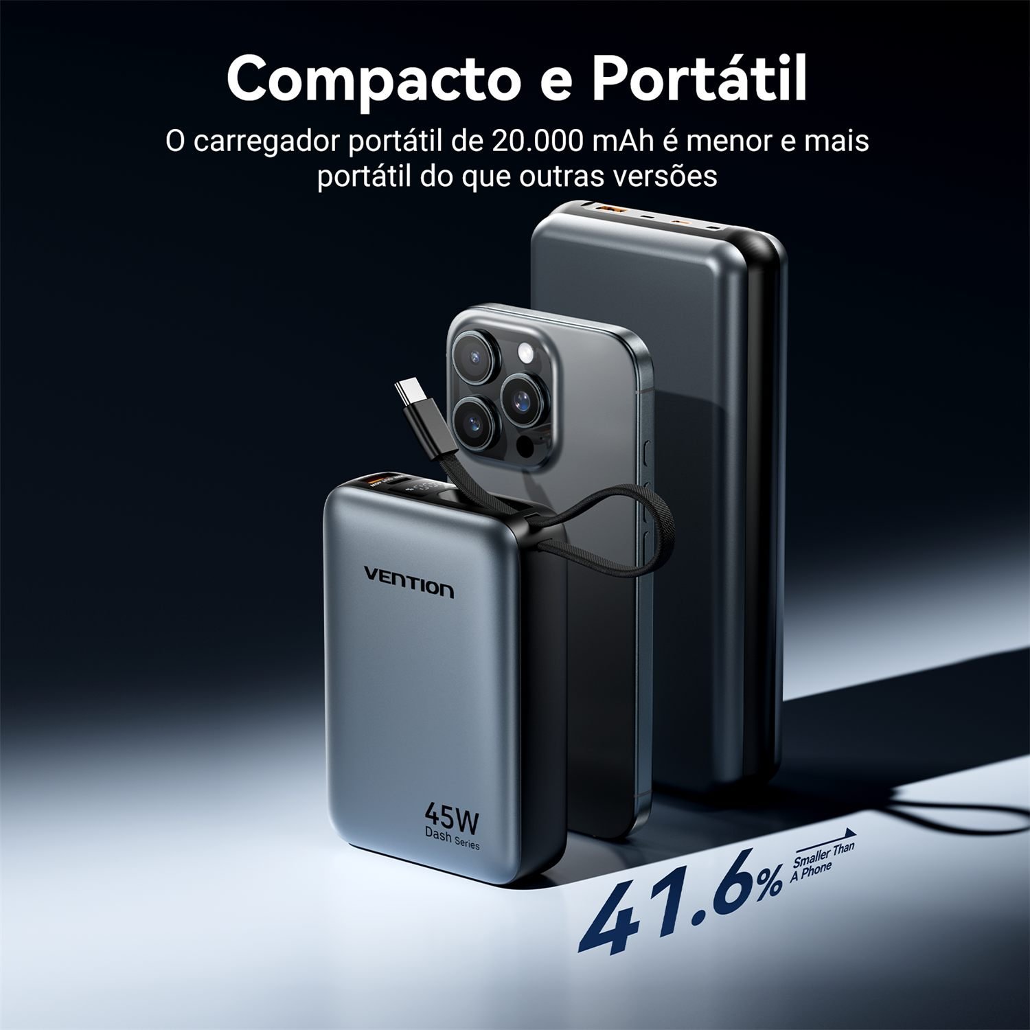 Power Bank 20000mAh 45W USB-C + USB-A Cabo Integrado PD - Vention - Imagem 8