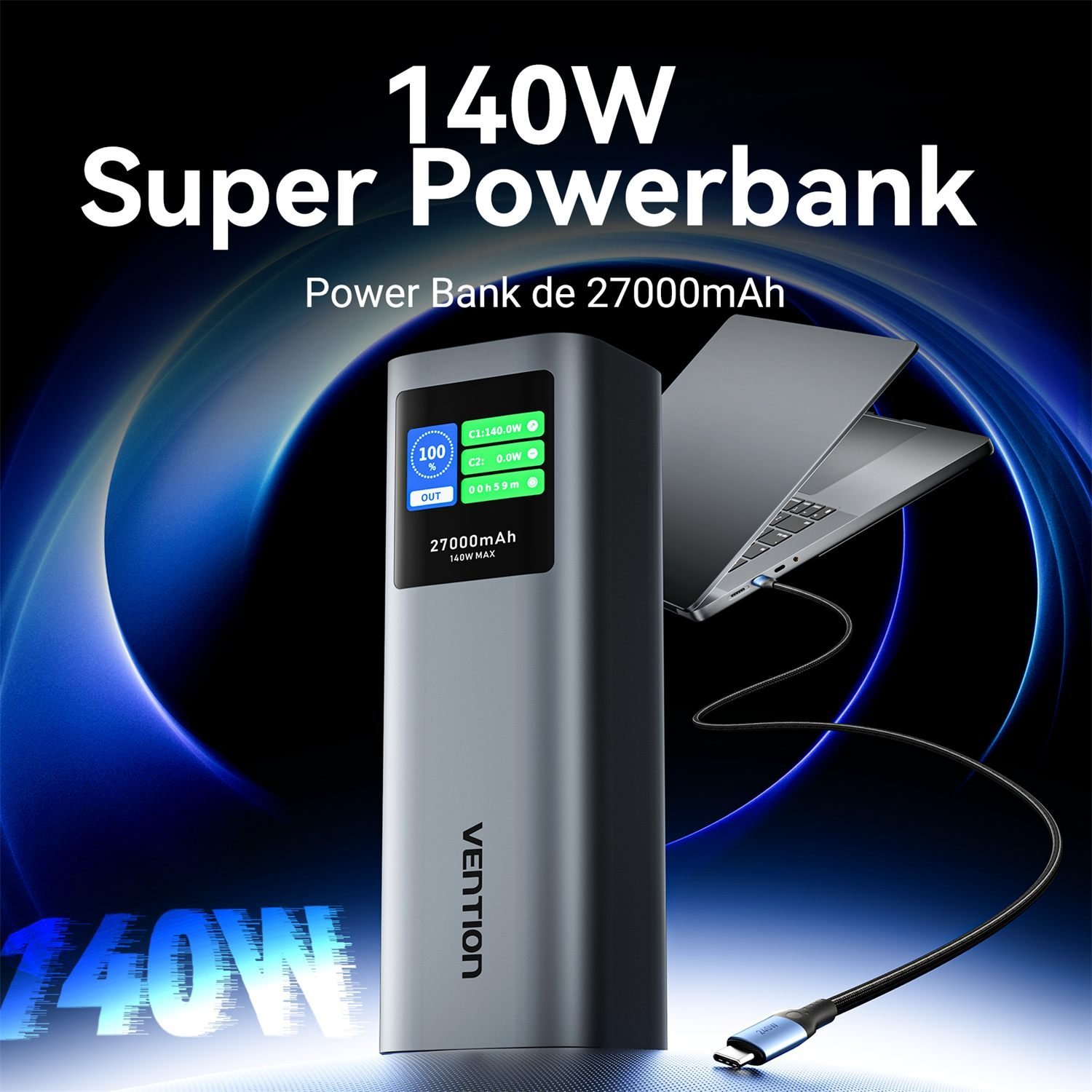 Power Bank 27000mAh 140W 2x USB-C + USB-A PD 3.1 - Vention - Imagem 2