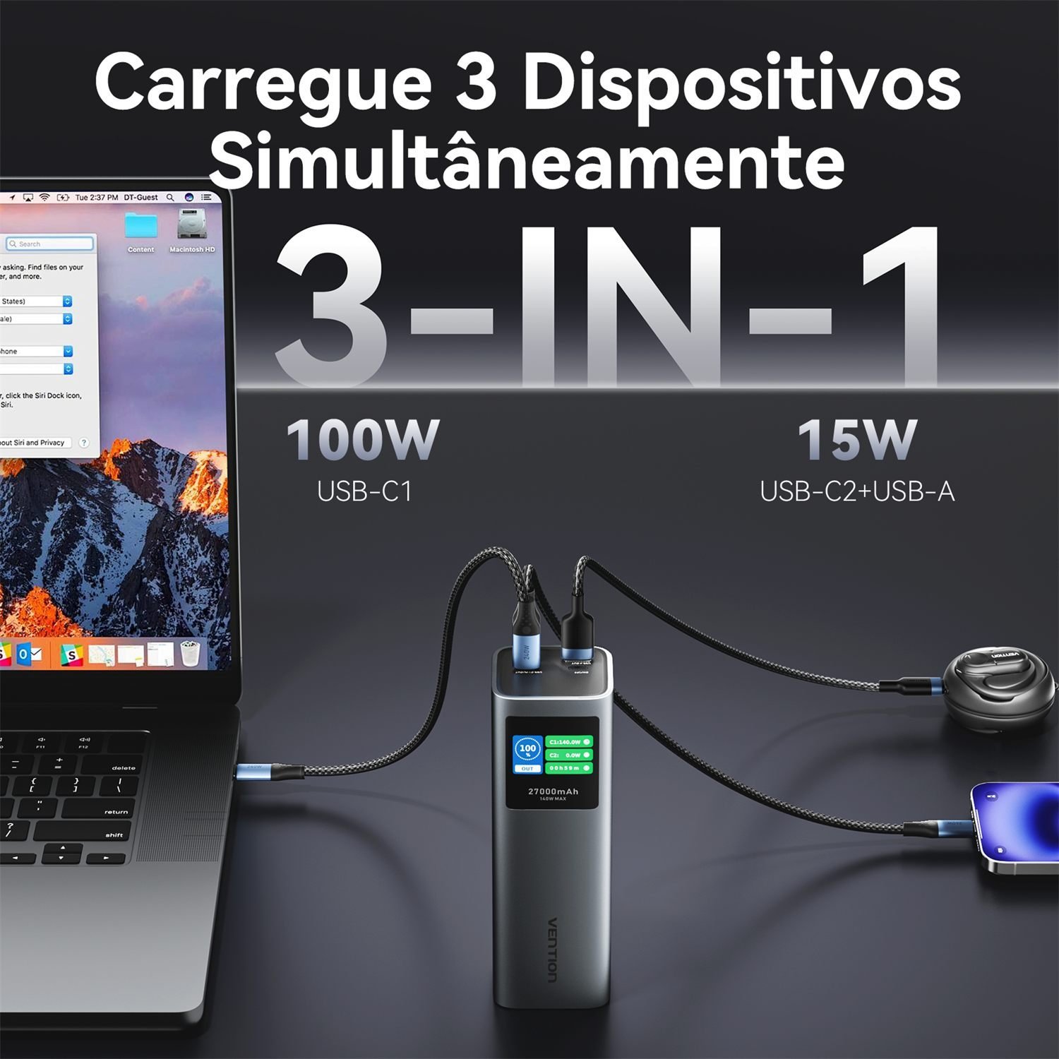 Power Bank 27000mAh 140W 2x USB-C + USB-A PD 3.1 - Vention - Imagem 8