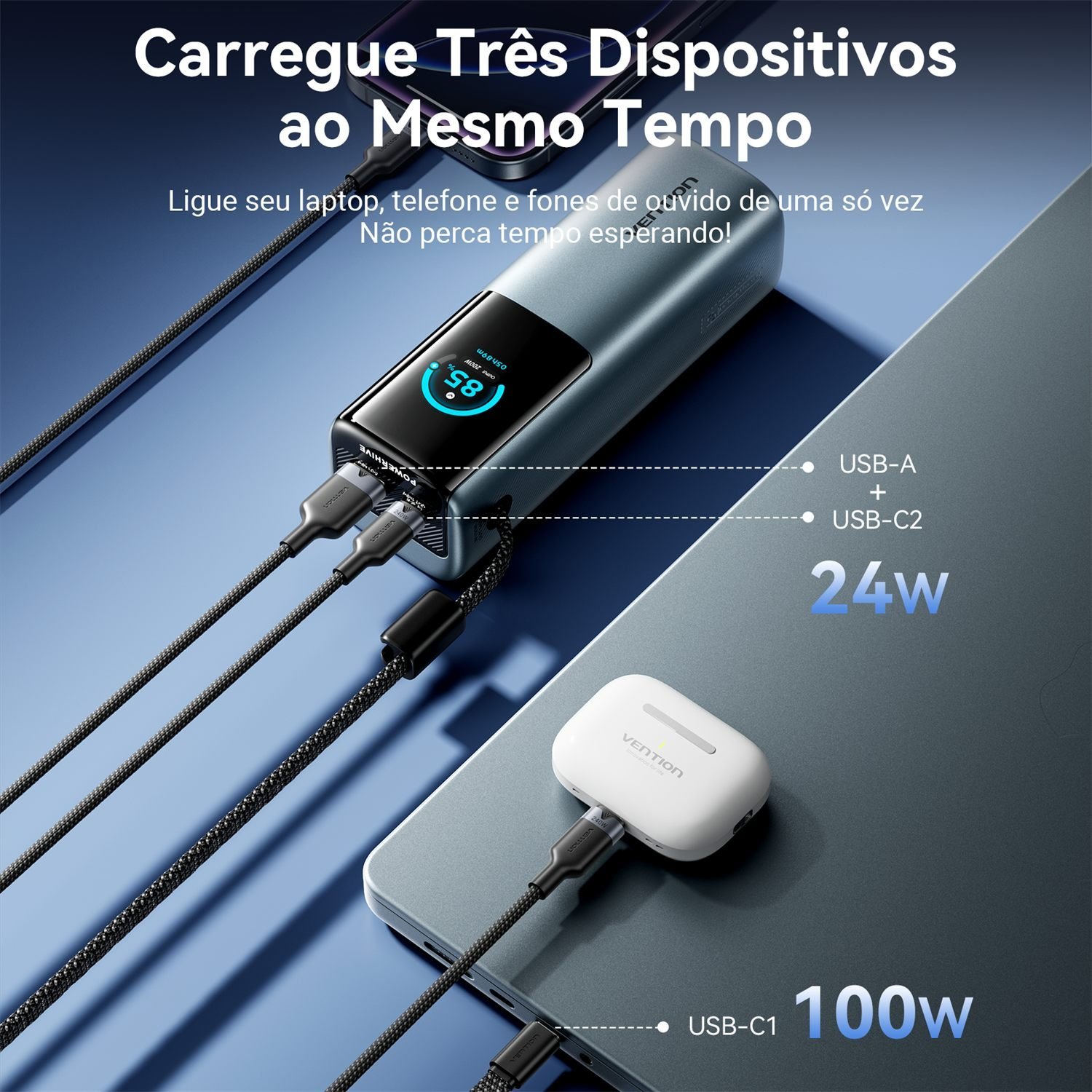 Power Bank 27000mAh 200W 2x USB-C + USB-A Visor Digital PD 3.1 - Vention - Imagem 6