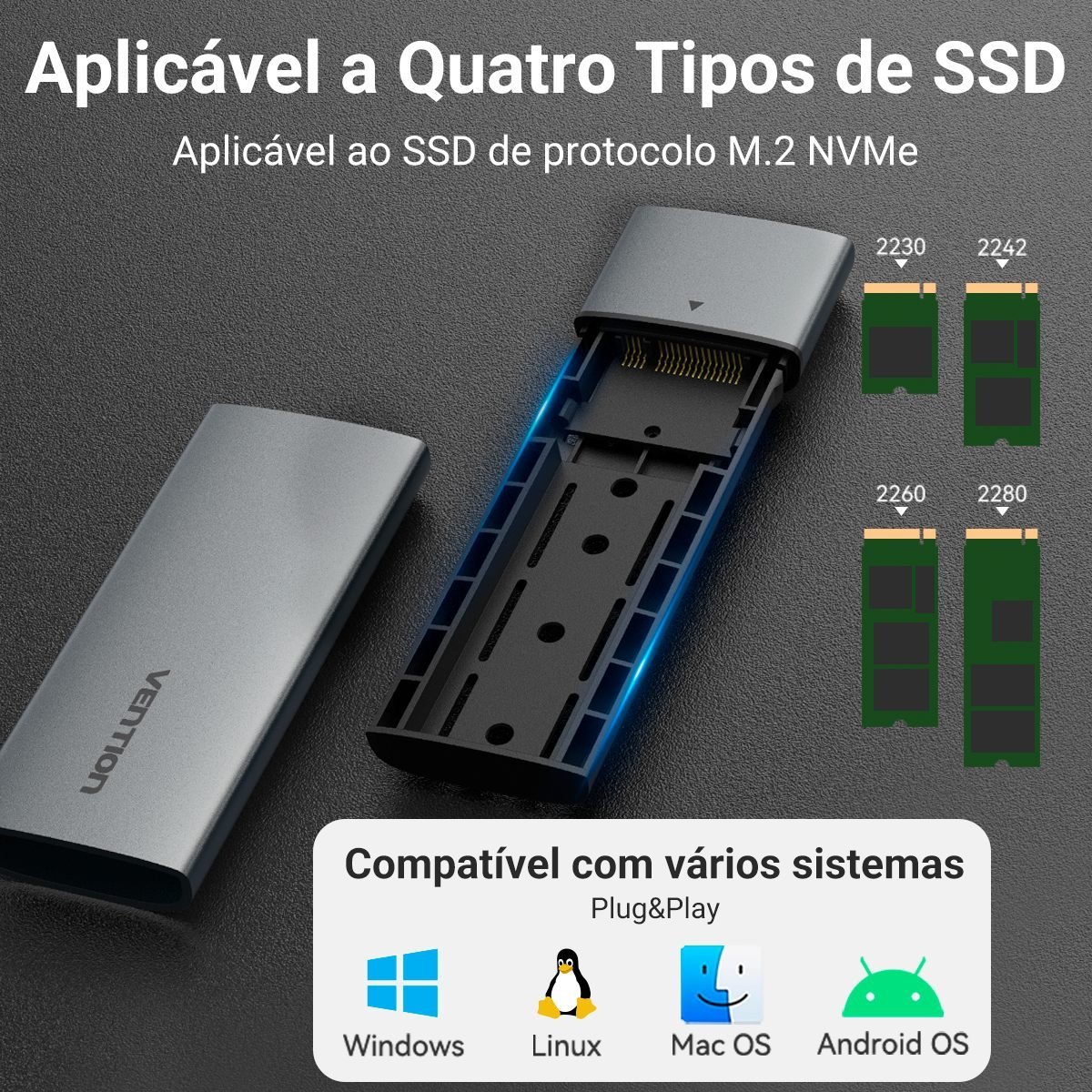 Case para SSD M.2 USB 3.1 Tipo C Gen 2 10 Gbps NVMe - Vention - Imagem 3