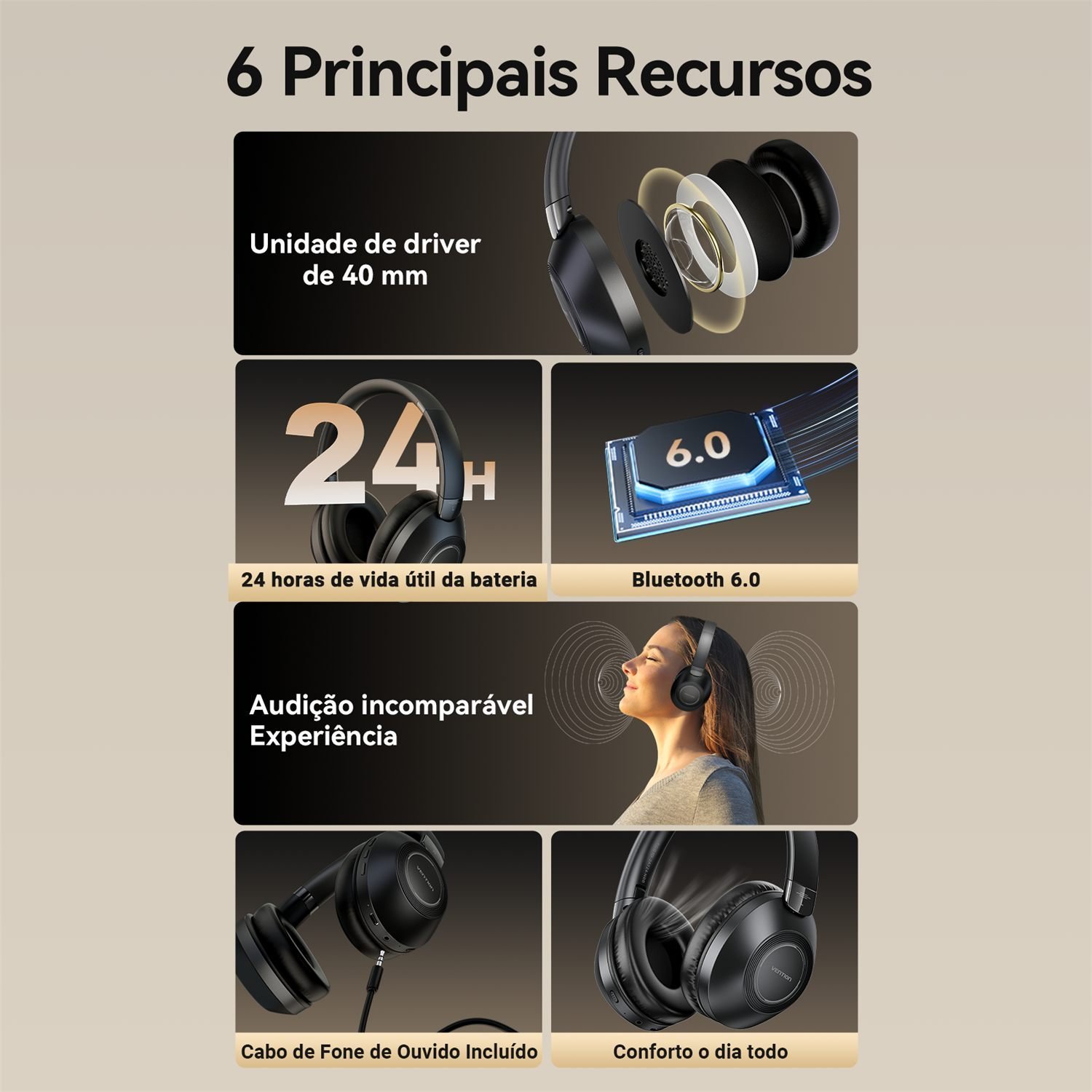 Fones Ouvido Bluetooth 6.0 Pro Sound 24 Hrs - Vention - Imagem 2