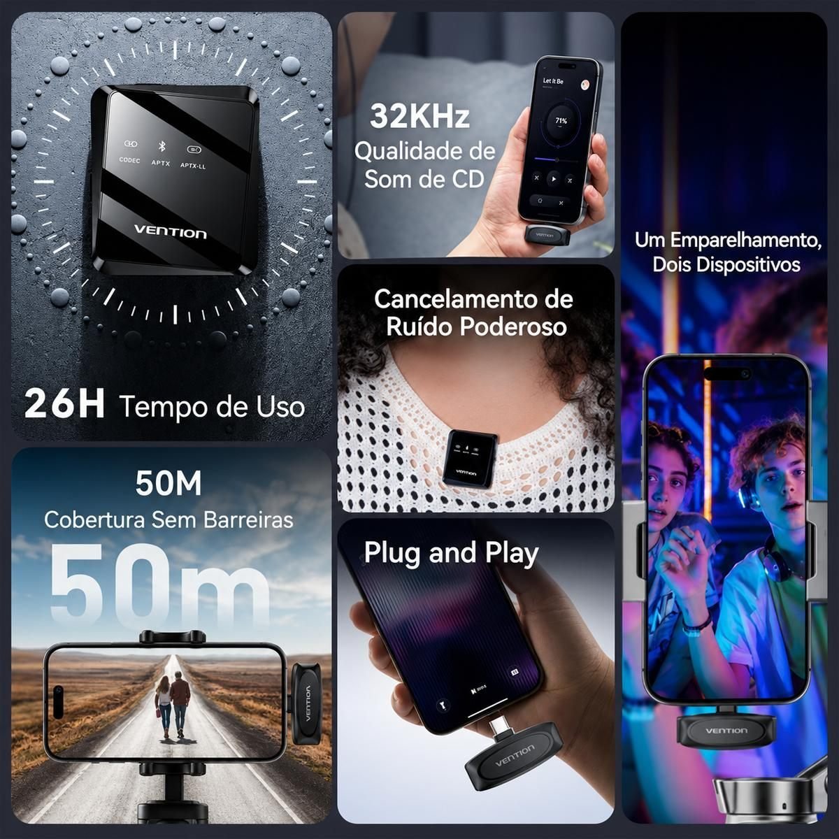 Kit 2 Microfones Lapela Sem Fio USB-C Profissional - Vention - Imagem 3