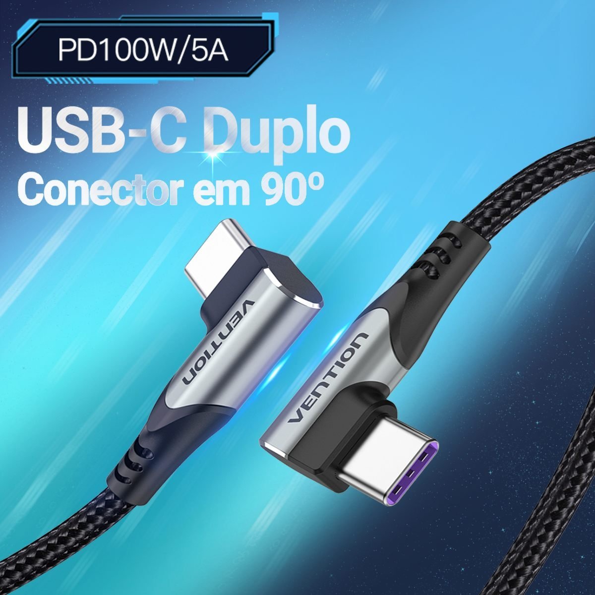 Cabo Celular Turbo USB Tipo-C 90º L 100W 5A - Vention - Imagem 2