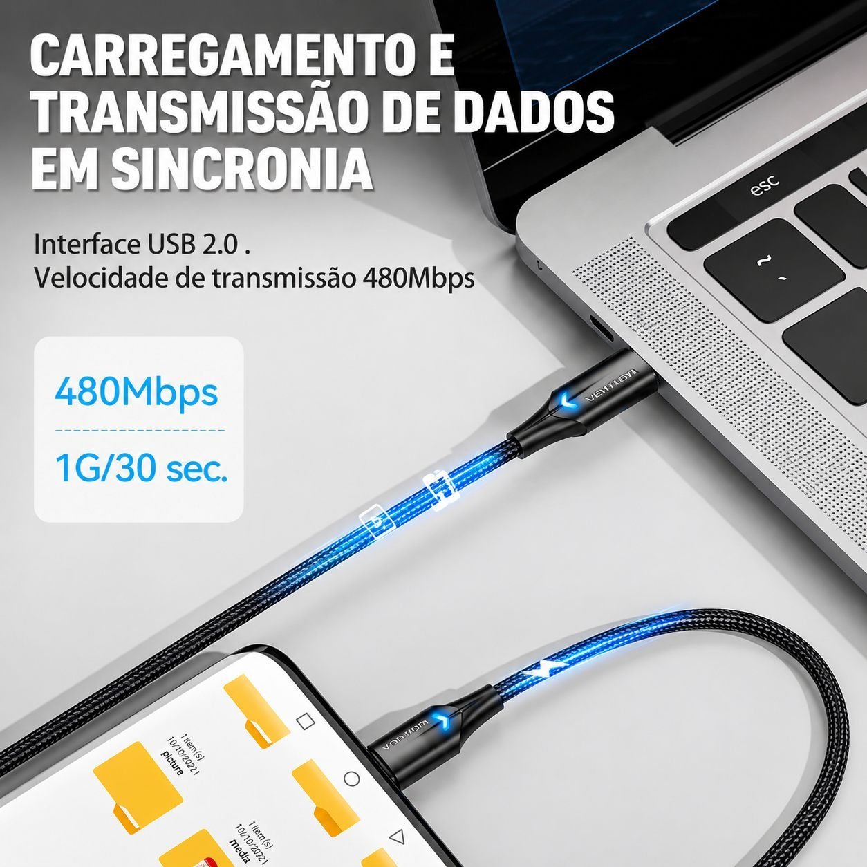 Cabo Carregador Celular Curto Turbo 60W 3A LED - Vention - Imagem 4