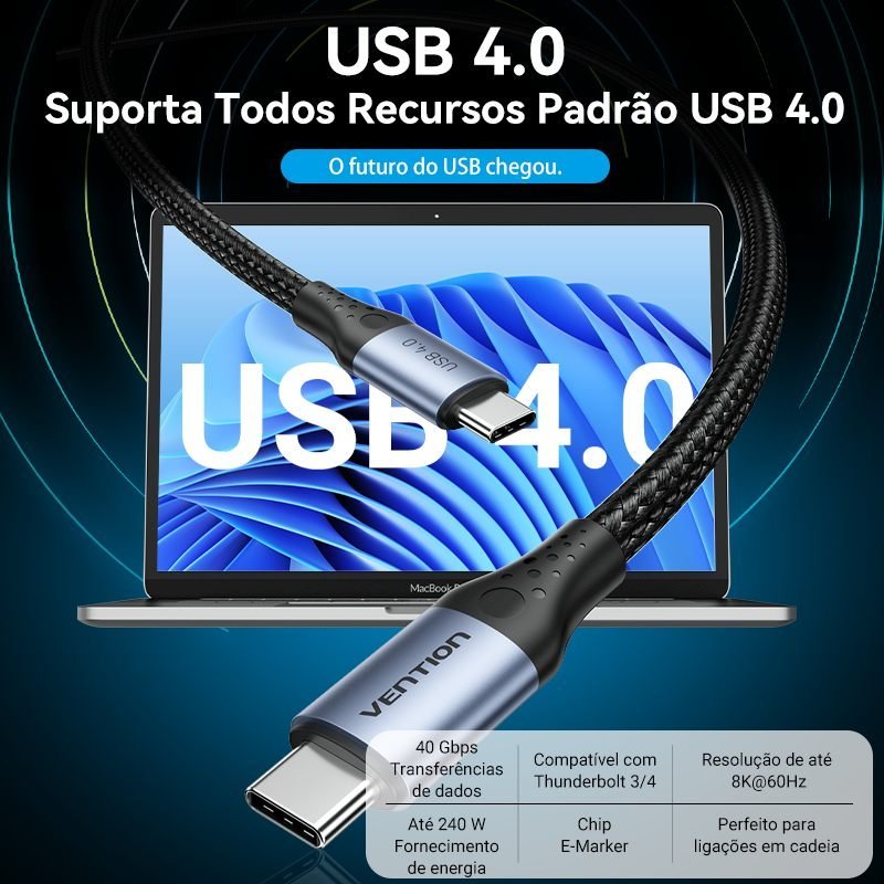 Cabo Carregador USB-C 4.0 40 Gbps 8K 60Hz 240W - Vention - Imagem 2