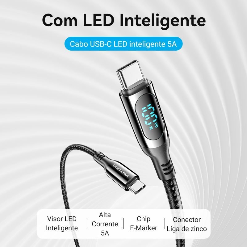 Cabo Carregador USB-C para Tipo C 100W 20V 5A Turbo - Vention - Imagem 2