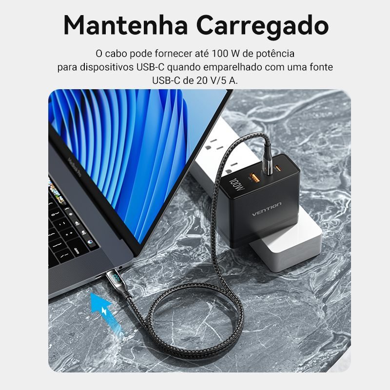 Cabo Carregador USB-C para Tipo C 100W 20V 5A Turbo - Vention - Imagem 5