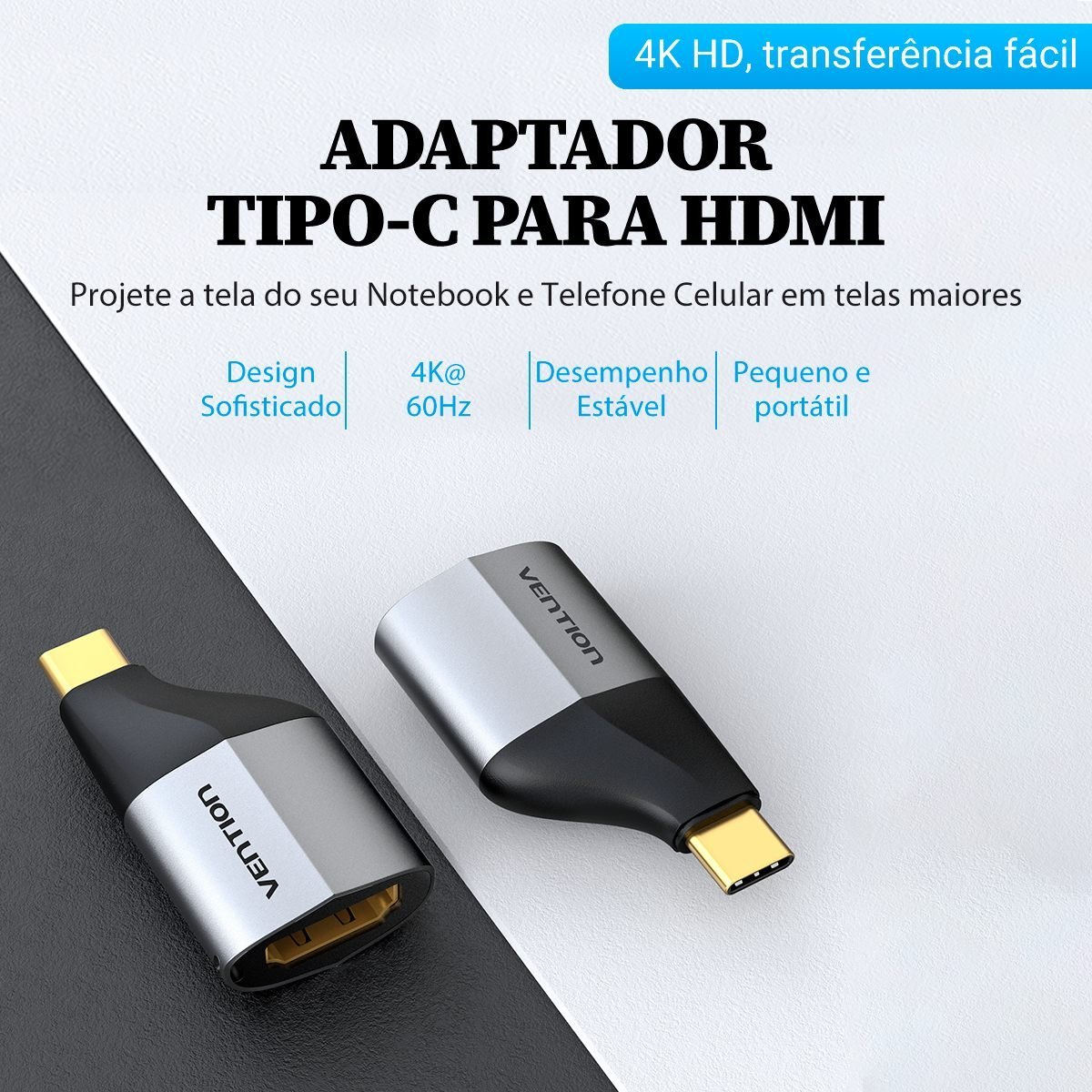 Adaptador Vídeo Tipo C Macho para HDMI Fêmea 4K 60Hz Note Cel - Vention - Imagem 2