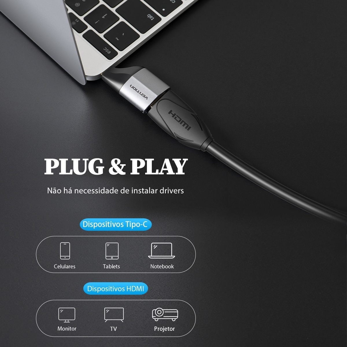 Adaptador Vídeo Tipo C Macho para HDMI Fêmea 4K 60Hz Note Cel - Vention - Imagem 8