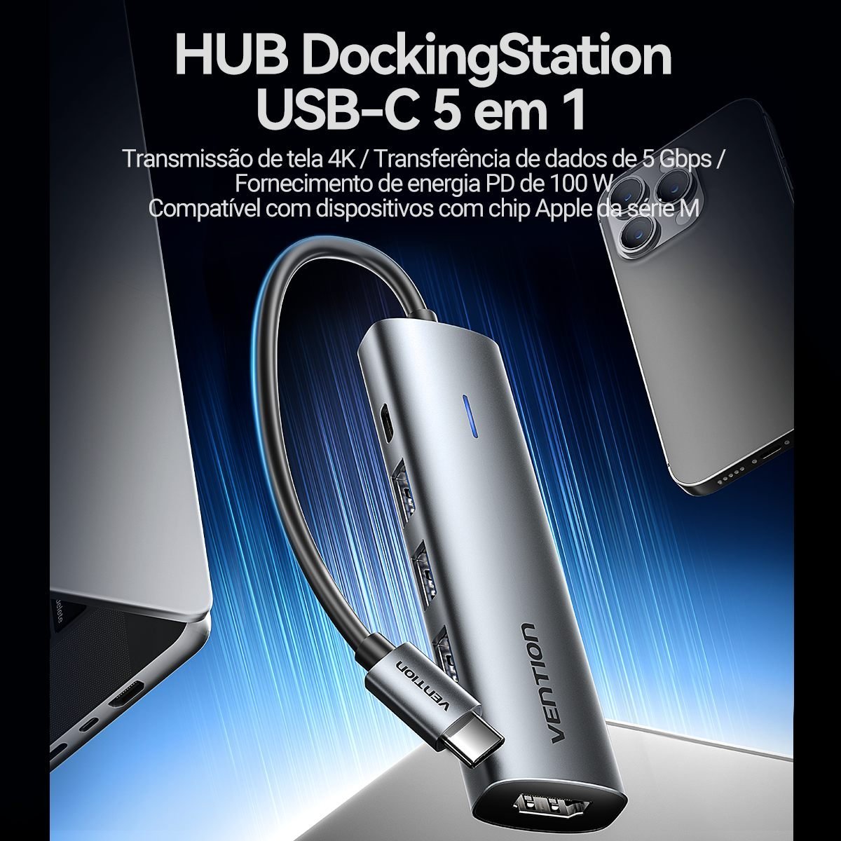Hub USB-C 5x1 HDMI 4K USB 3.0 PD 100 Wpara Mac Book - Vention - Imagem 2