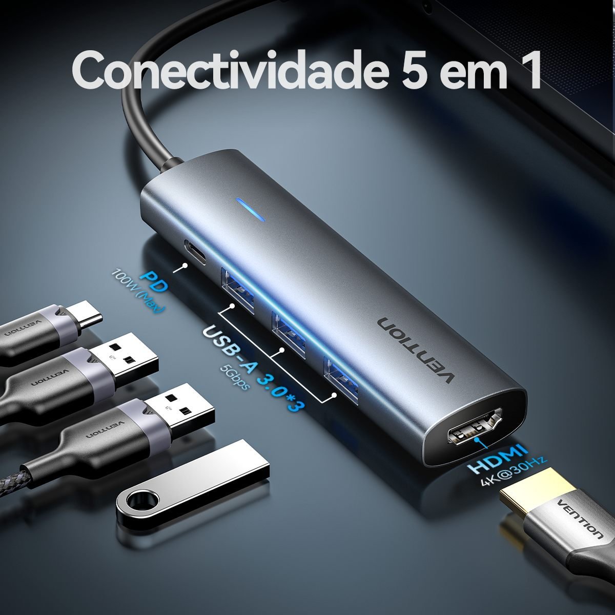 Hub USB-C 5x1 HDMI 4K USB 3.0 PD 100 Wpara Mac Book - Vention - Imagem 3