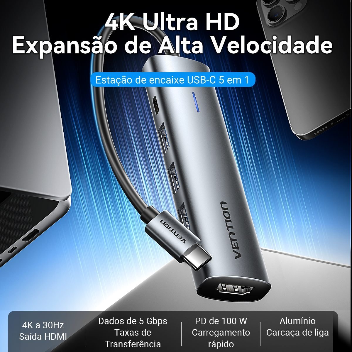Hub USB-C 5x1 HDMI 4K USB 3.0 PD 100 Wpara Mac Book - Vention - Imagem 4