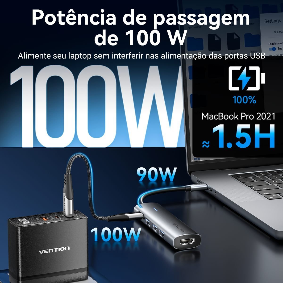 Hub USB-C 5x1 HDMI 4K USB 3.0 PD 100 Wpara Mac Book - Vention - Imagem 6