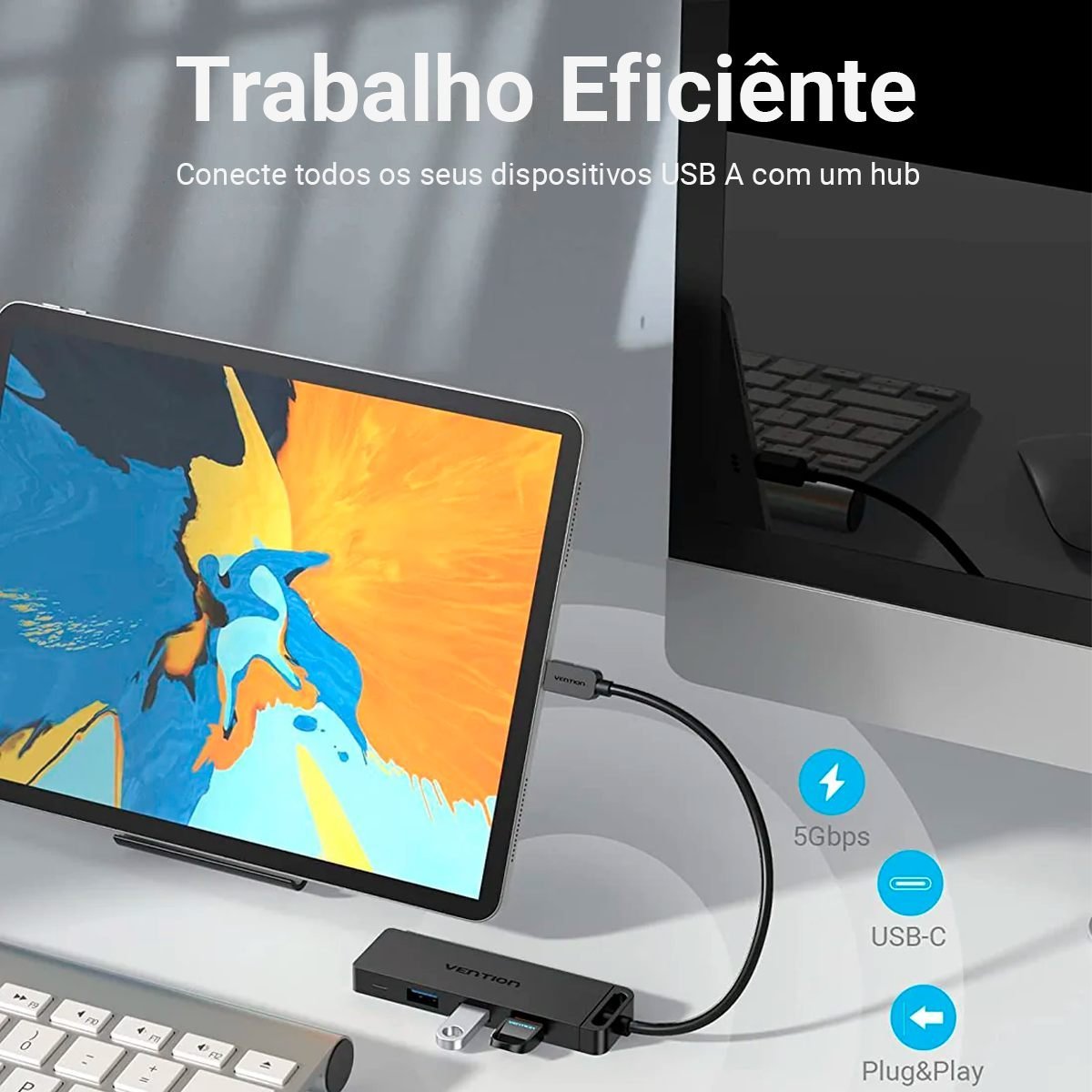 Hub Tipo C x 4 Portas USB 3.05 Gbps com Alimentação 5Gbps - Vention - Imagem 2