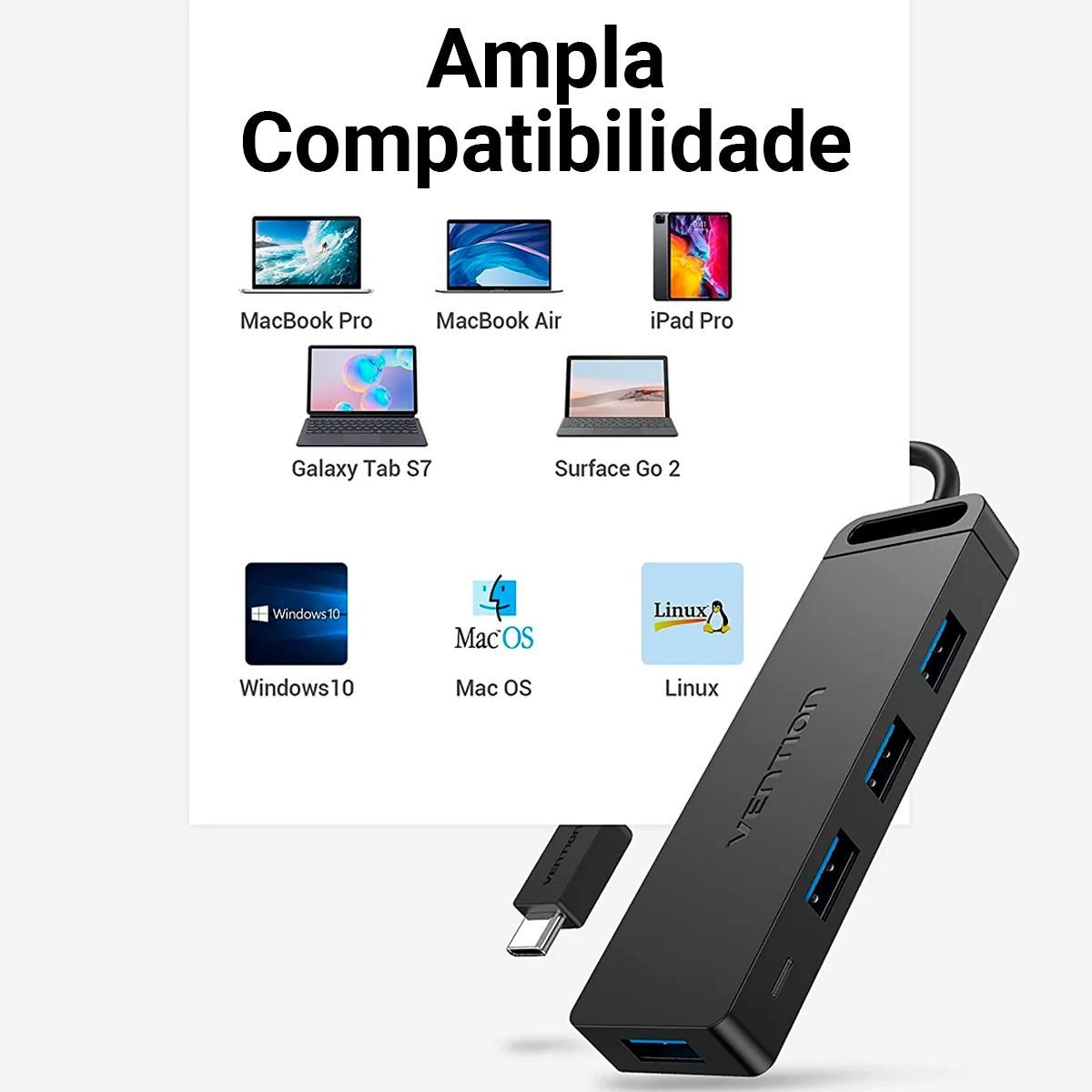 Hub Tipo C x 4 Portas USB 3.05 Gbps com Alimentação 5Gbps - Vention - Imagem 5