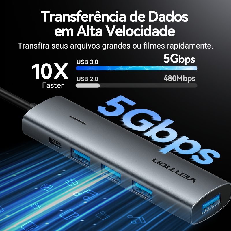 Hub Tipo C x 4 Portas USB 3.05 Gbps com Alimentação 5Gbps TGZ - Vention - Imagem 3