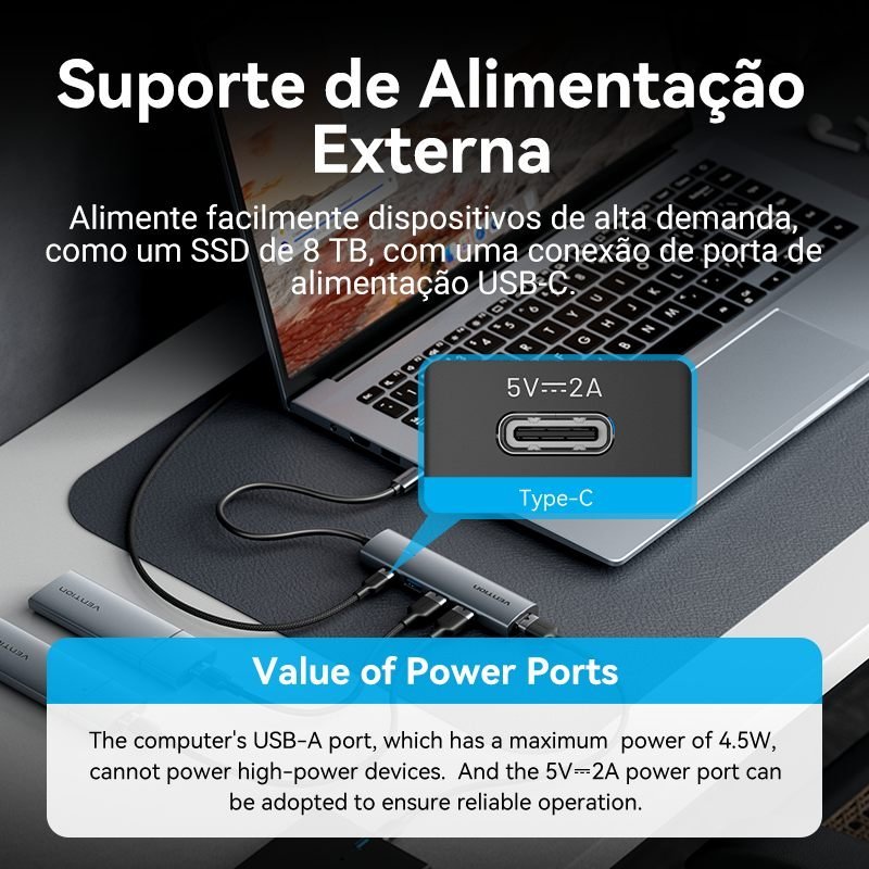 Hub Tipo C x 4 Portas USB 3.05 Gbps com Alimentação 5Gbps TGZ - Vention - Imagem 5