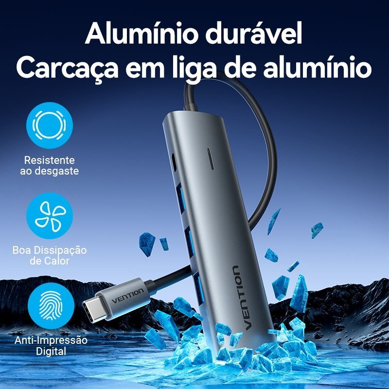 Hub Tipo C x 4 Portas USB 3.05 Gbps com Alimentação 5Gbps TGZ - Vention - Imagem 7