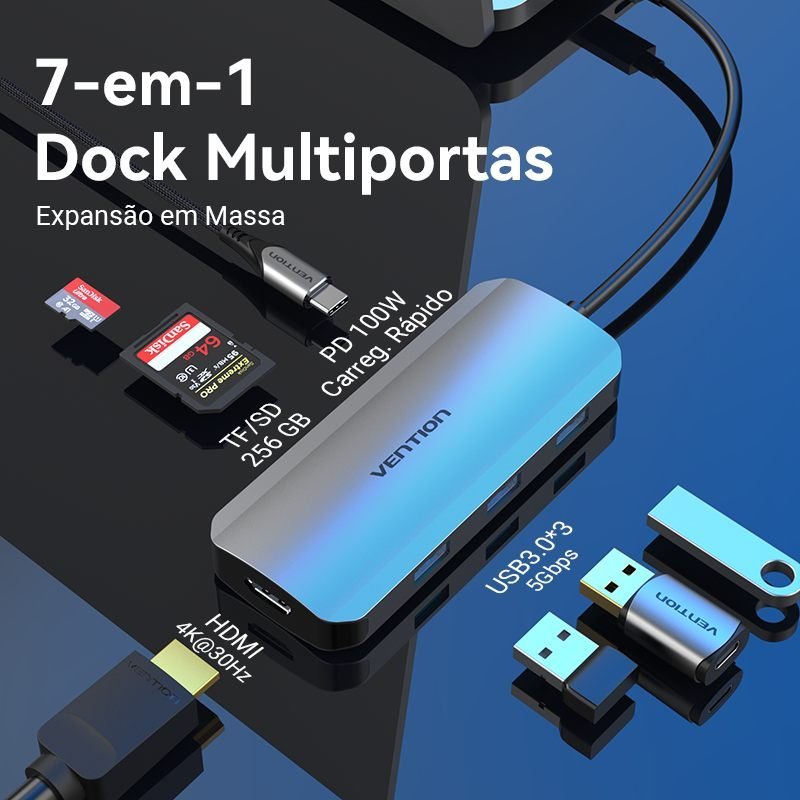 Hub Tipo-C USB 7x1 HDMI 3.0 Notebook Mac Book Tablet - Vention - Imagem 2