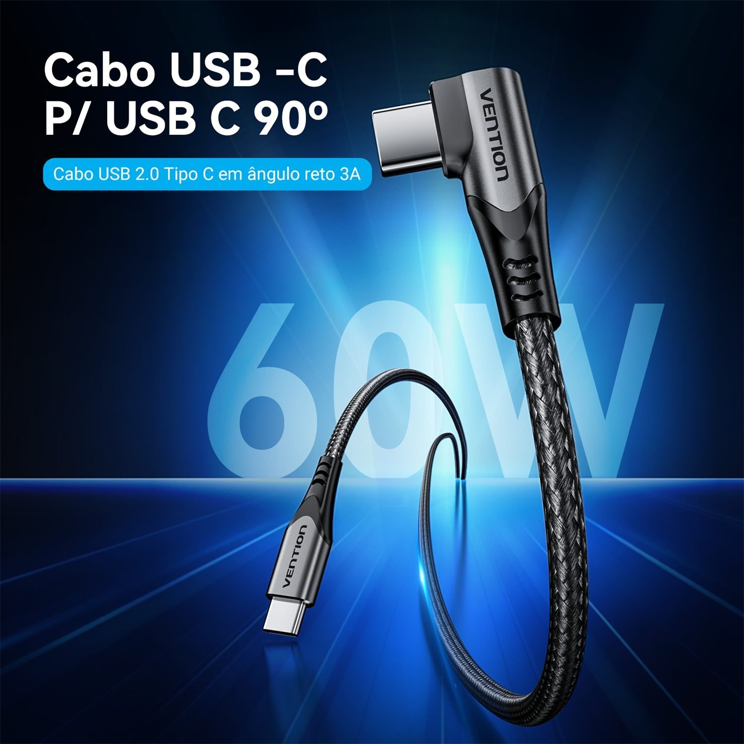 Cabo Carregador Celular USB-C para Tipo-C 60W 90º - Vention - Imagem 2