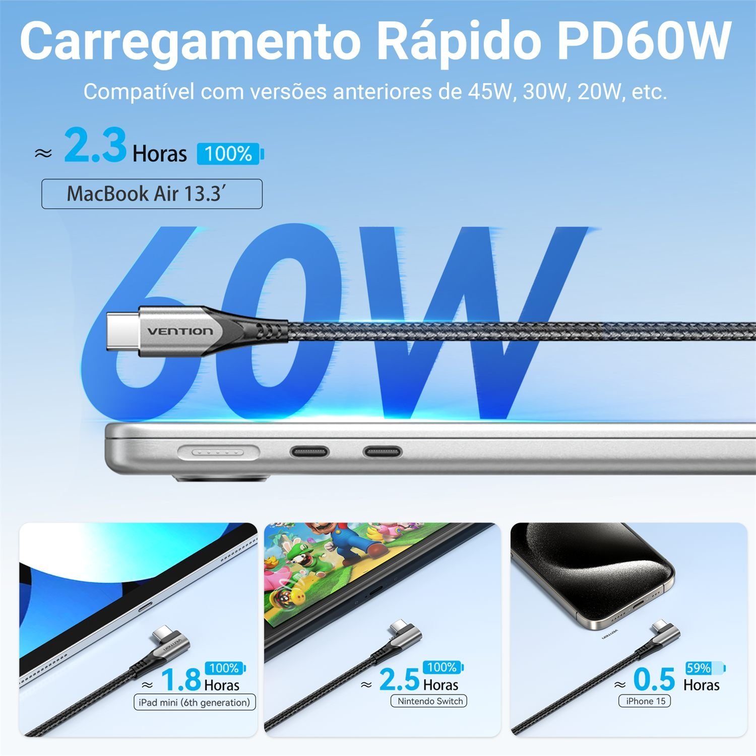 Cabo Carregador Celular USB-C para Tipo-C 60W 90º - Vention - Imagem 6