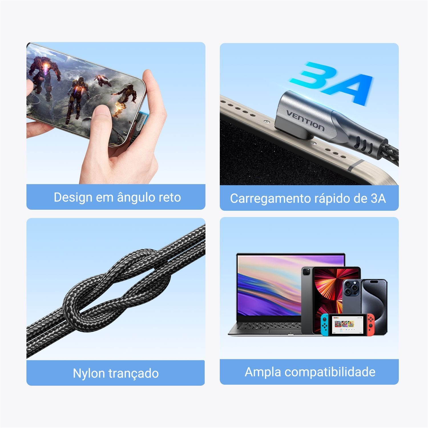 Cabo Carregador Celular USB-C para Tipo-C 60W 90º - Vention - Imagem 9