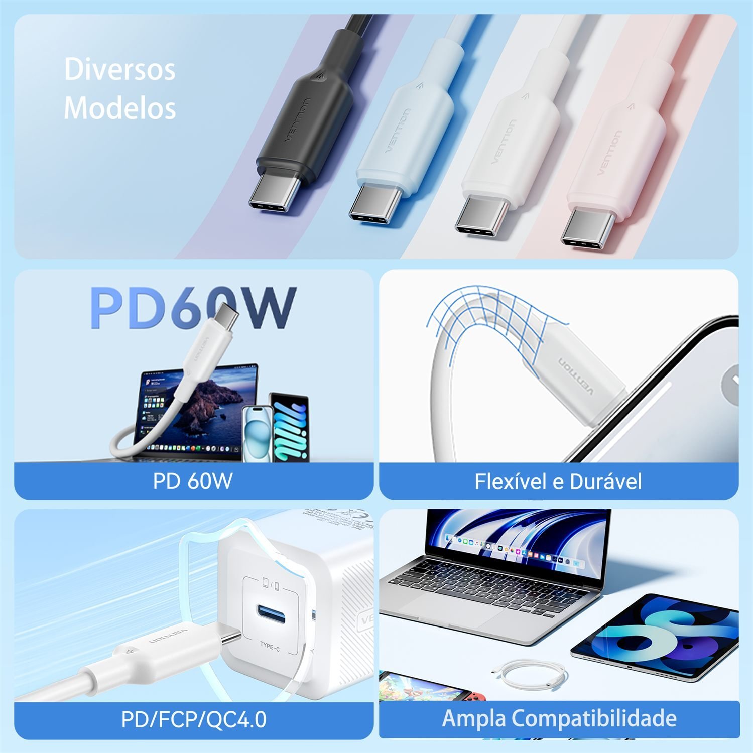 Cabo Carregador Turbo Duplo USB Tipo C60W 3A TRC - Vention - Imagem 3