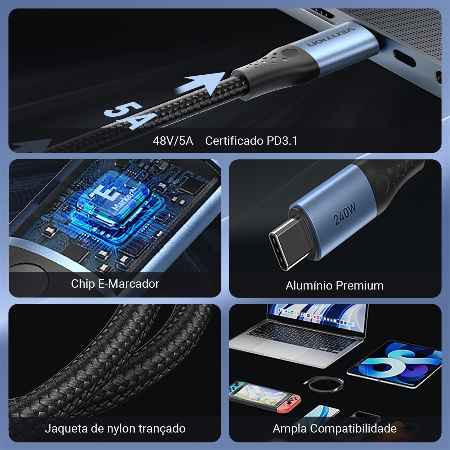 Cabo Carregador Celular Note USB Tipo C 240W - Vention - Imagem 4