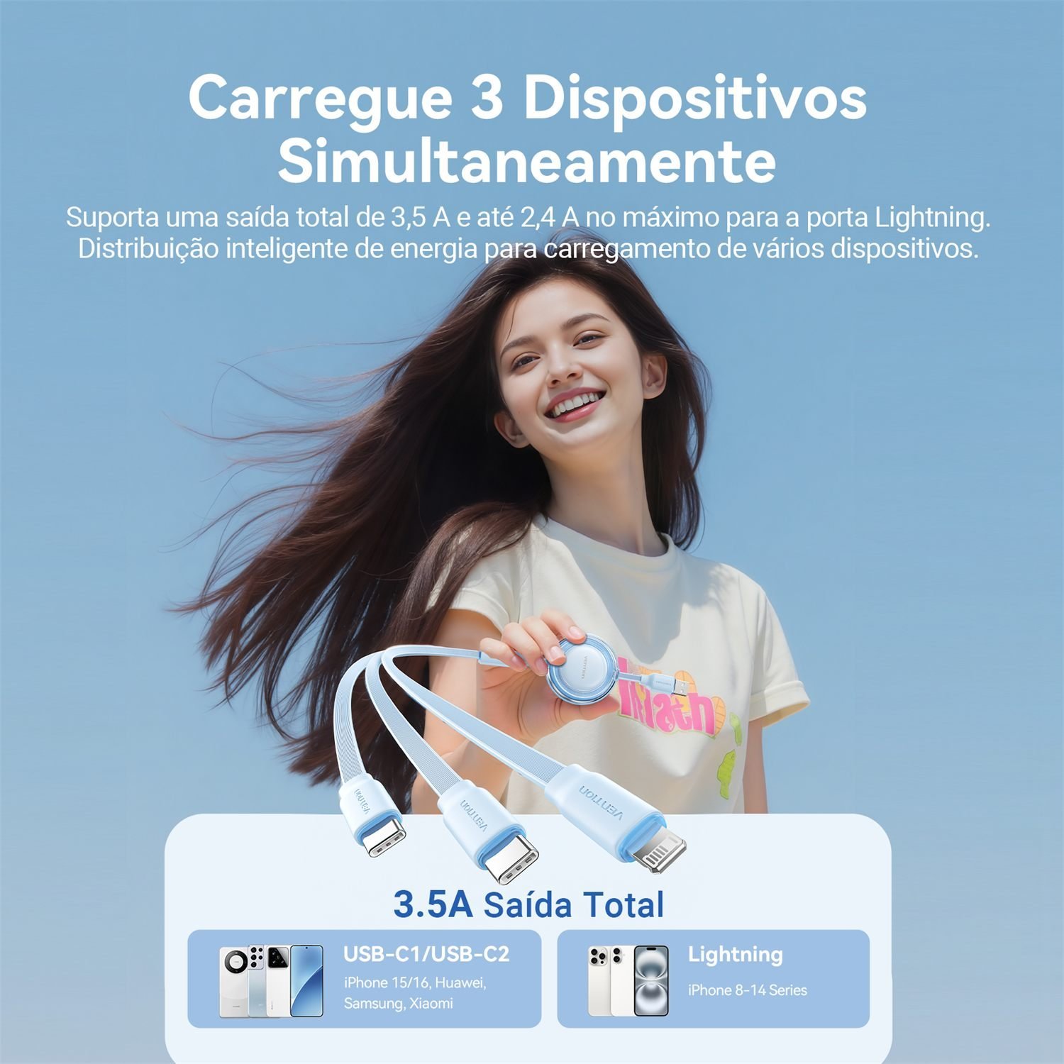 Cabo USB 3x1 para USB-C Lightning Micro USB 3,5A Mcdodo - Vention - Imagem 5