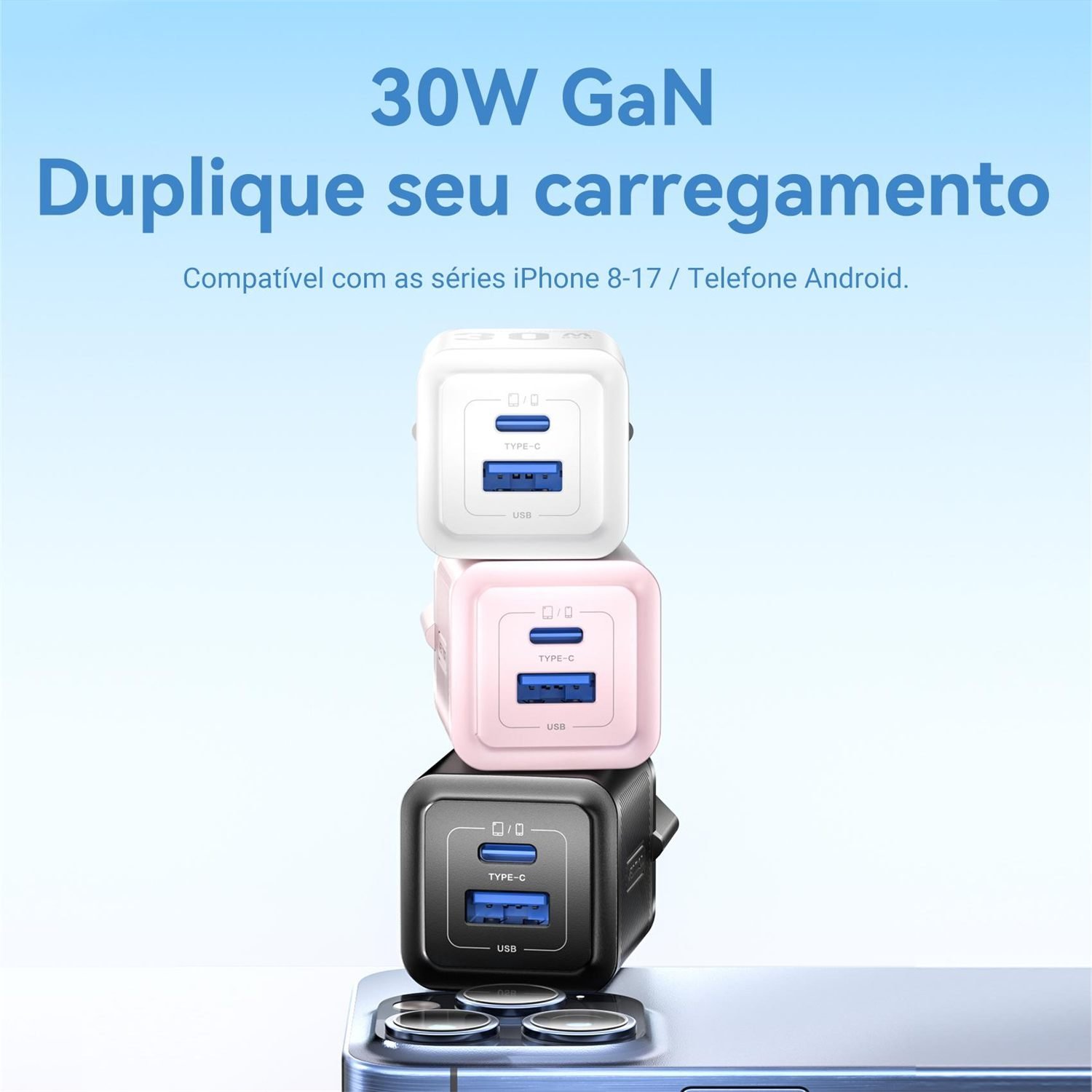 Carregador Turbo 30W GaN 2 Portas 2x1 USB-C + USB-A TZ-FEQ - Vention - Imagem 2